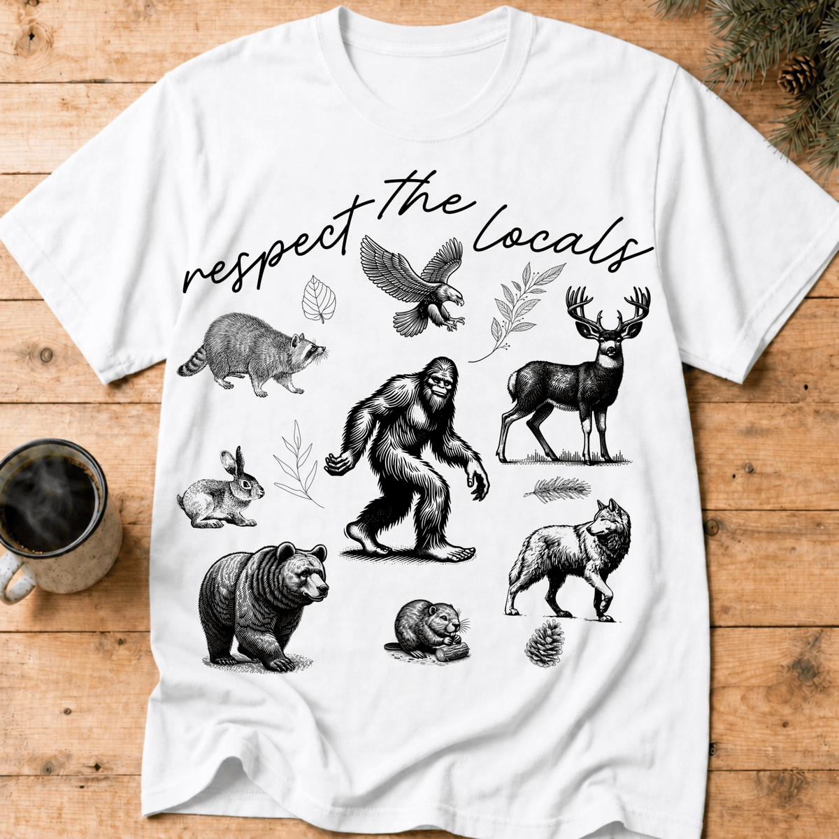 Respect The Locals Bigfoot Shirt, Funny Sasquatch Forest Tee, Woodland Animal Nature Lover Gift, Hiking Shirt, PNW Outdoors Tee - Deadpan Outdoors Co.