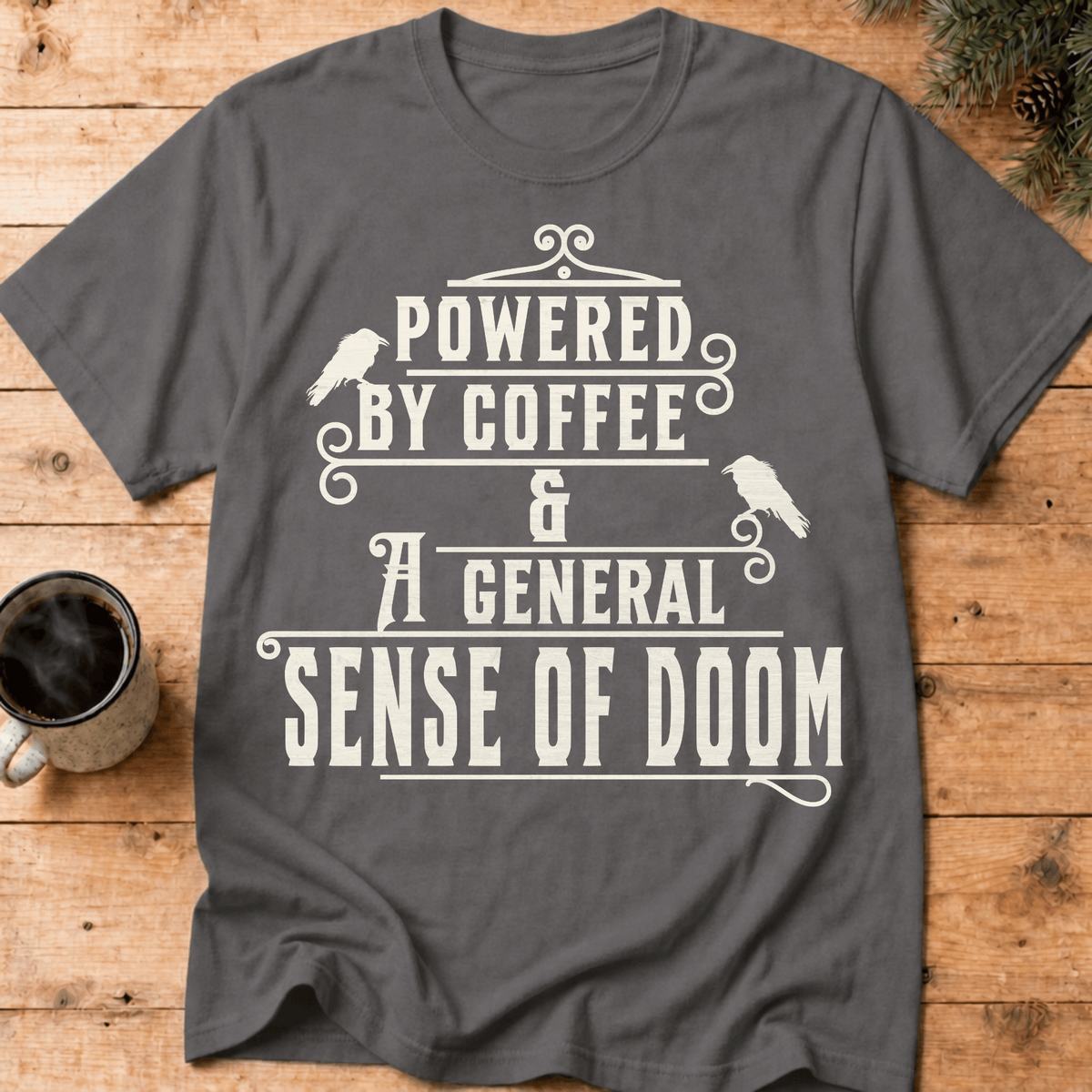 Powered By Coffee and Doom Shirt, Funny Goth Coffee Tee, Dark Humor Coffee Lover Gift, Sarcastic Coffee Shirt, Existential Dread Tee - Deadpan Outdoors Co.