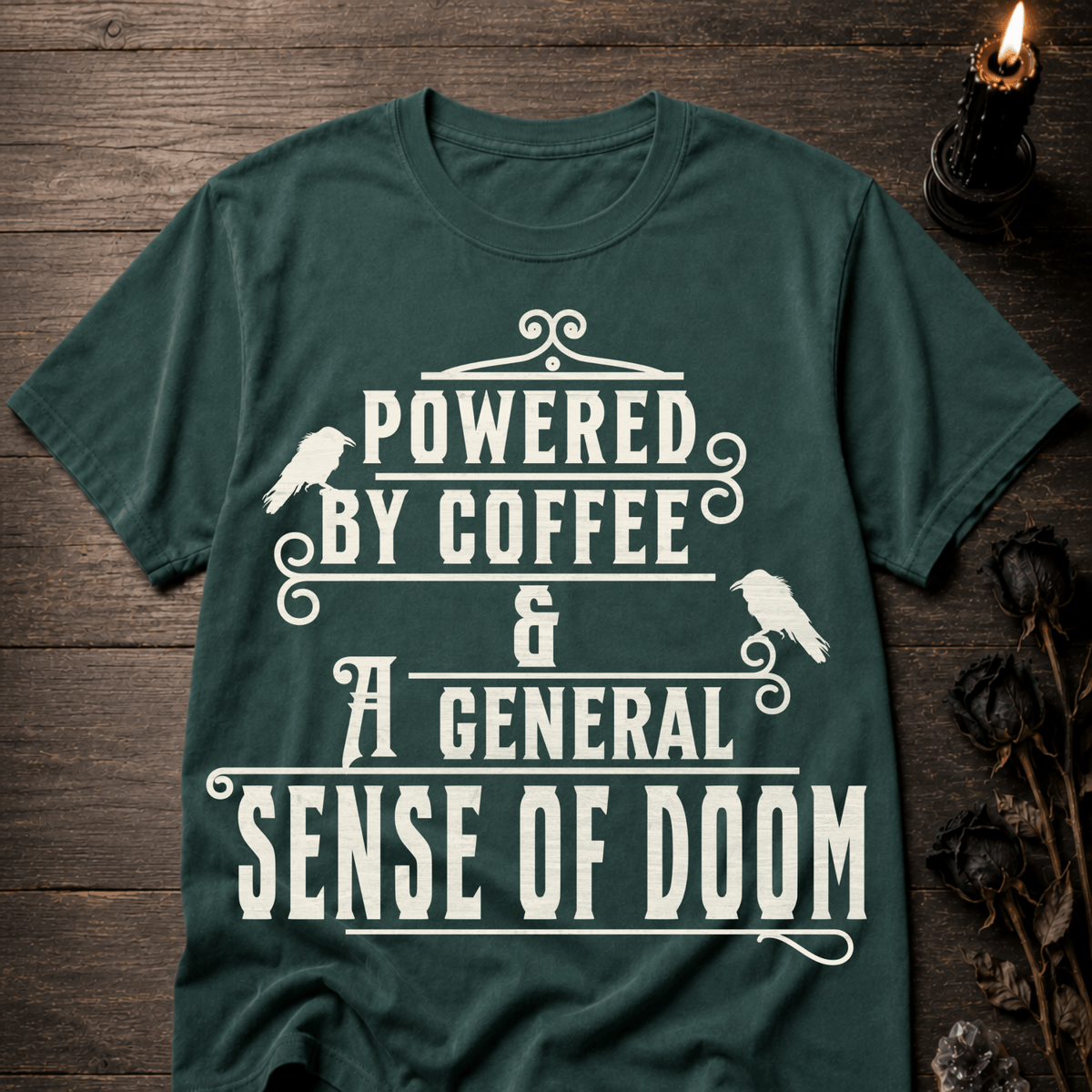 Powered By Coffee and Doom Shirt, Funny Goth Coffee Tee, Dark Humor Coffee Lover Gift, Sarcastic Coffee Shirt, Existential Dread Tee - Deadpan Outdoors Co.