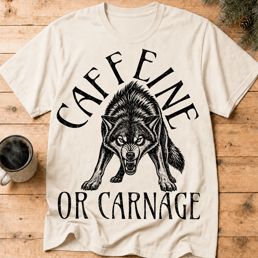 Funny Wolf Coffee Shirt, Caffeine or Carnage Tee, Sarcastic Coffee Lover Gift for Him, Wolf Lover Shirt, Not a Morning Person Gift - Deadpan Outdoors Co.