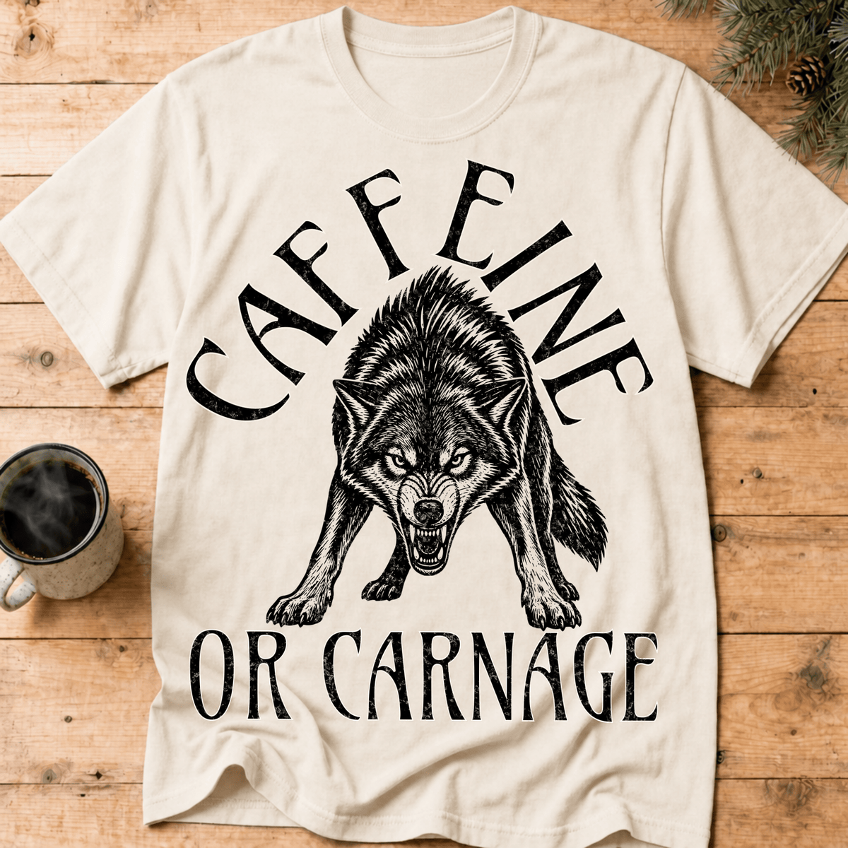Funny Wolf Coffee Shirt, Caffeine or Carnage Tee, Sarcastic Coffee Lover Gift for Him, Wolf Lover Shirt, Not a Morning Person Gift - Deadpan Outdoors Co.