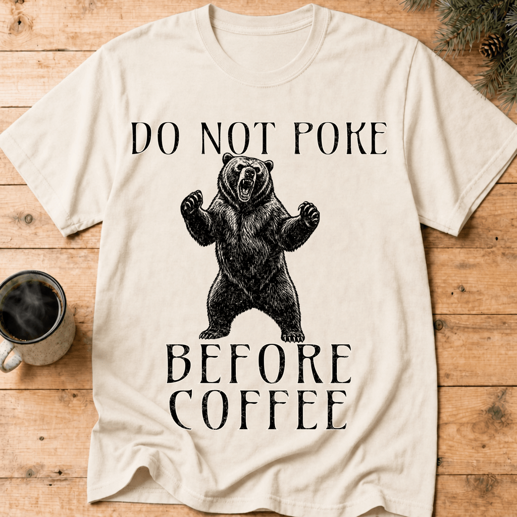 Funny Bear Coffee Shirt, Do Not Poke Before Coffee Tee, Grumpy Morning Gift for Him, Sarcastic Coffee Lover Gift, Camping Shirt - Deadpan Outdoors Co.
