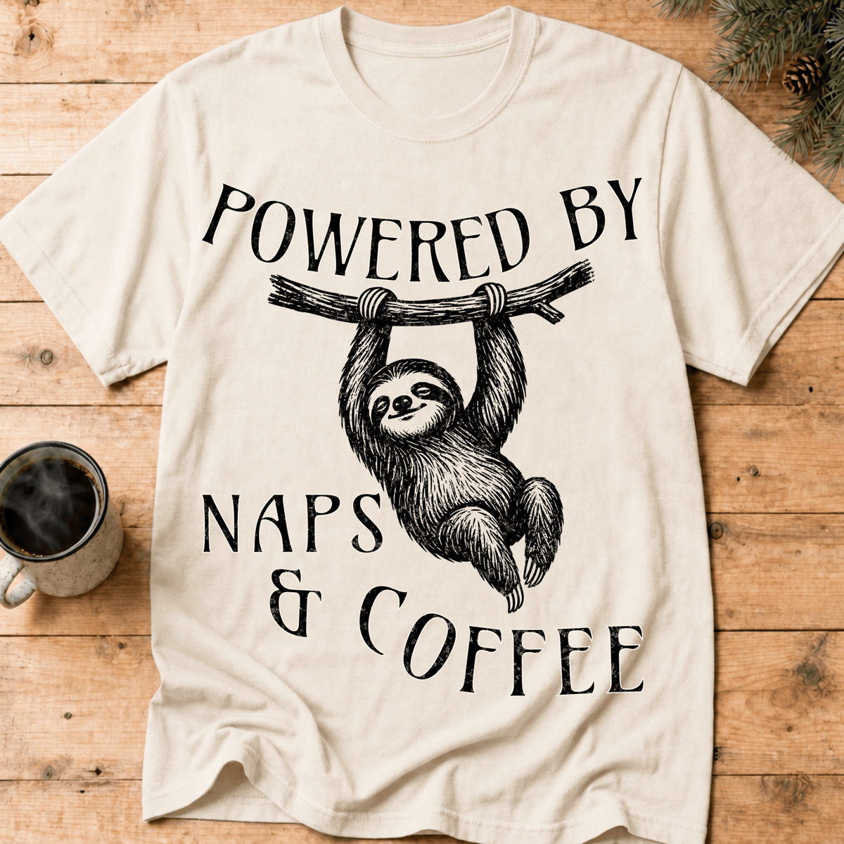 Funny Sloth Coffee Shirt, Powered By Naps and Coffee Tee, Sloth Lover Gift, Sarcastic Coffee Lover Gift for Her, Lazy Day Shirt - Deadpan Outdoors Co.