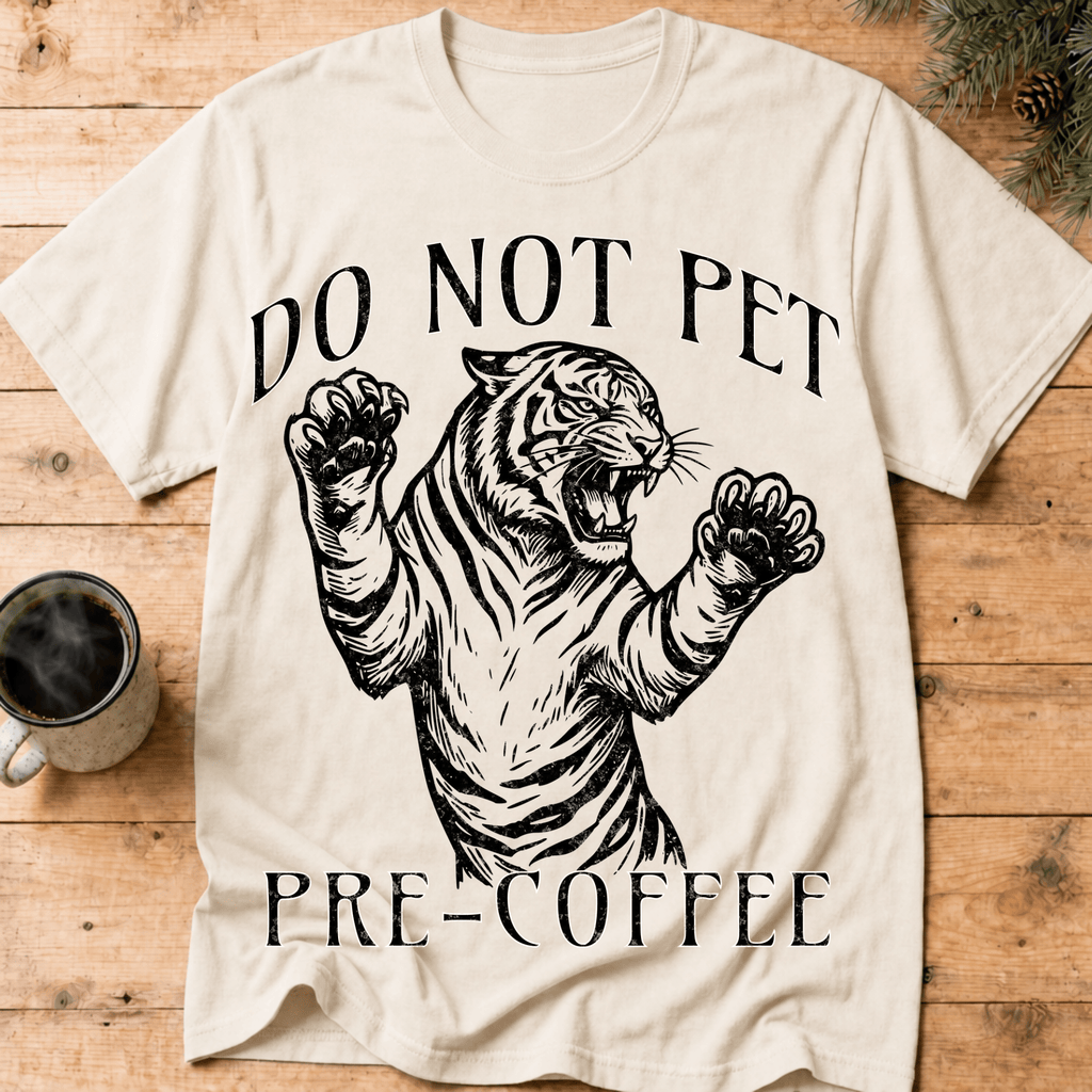 Funny Tiger Coffee Shirt, Do Not Pet Pre Coffee Tee, Sarcastic Coffee Lover Gift, Tiger Lover Shirt, Introvert Coffee Gift for Her - Deadpan Outdoors Co.