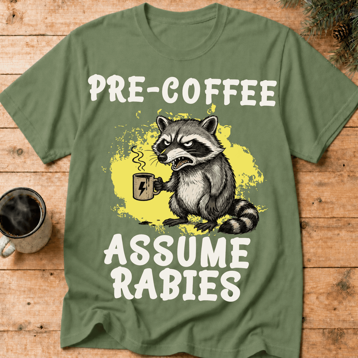 Pre-Coffee Assume Rabies Shirt, Funny Raccoon Coffee Tee, Feral Coffee Addict Gift, Sarcastic Morning Humor Shirt, Trash Panda Tee - Deadpan Outdoors Co.