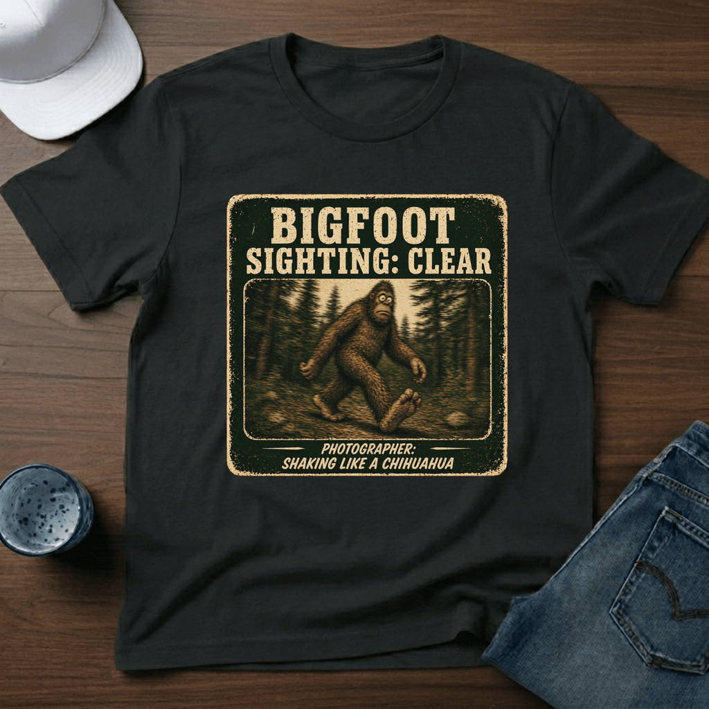 Bigfoot Sighting: Clear - Photographer: Shaking Like A Chihuahua T-Shirt - Deadpan Outdoors Co.