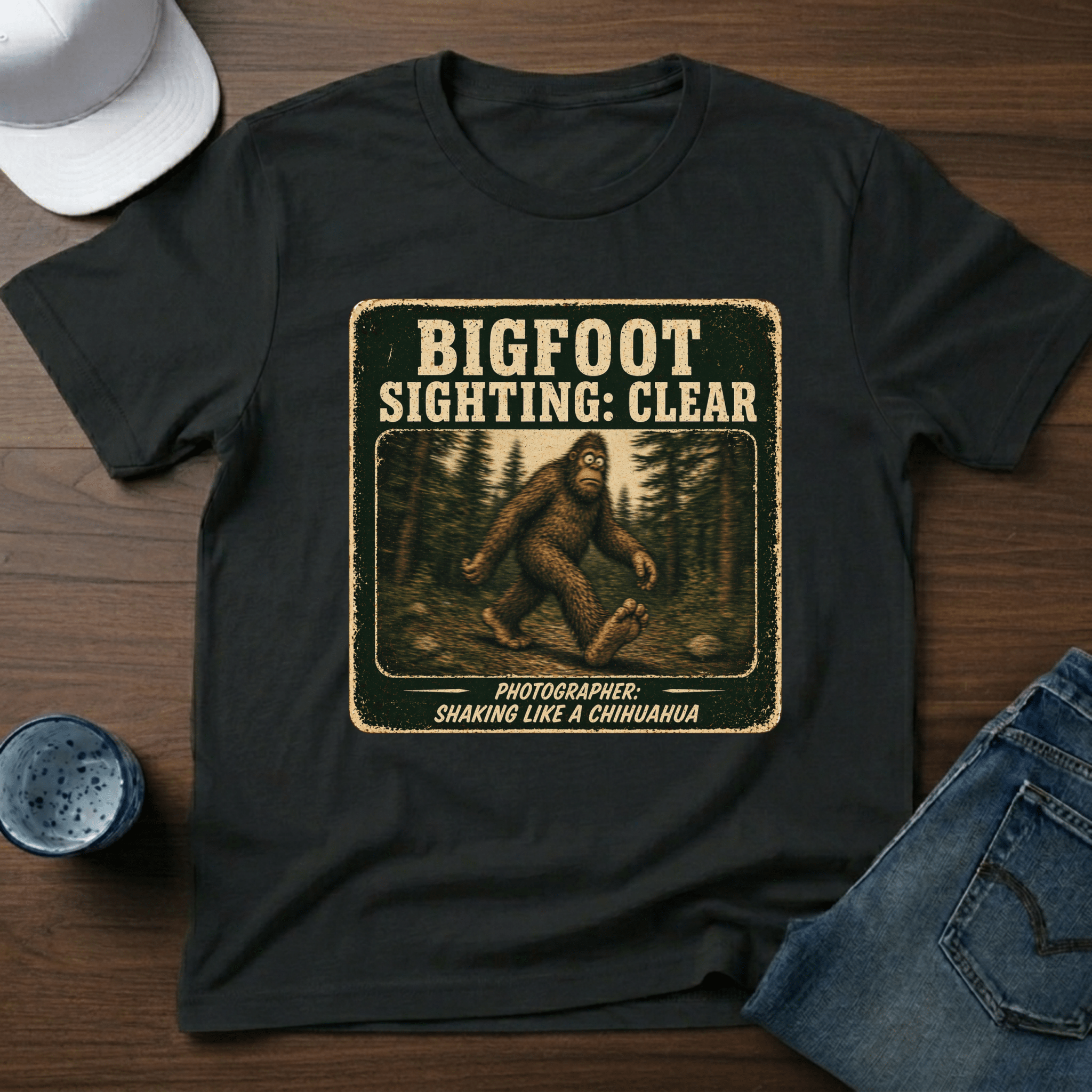 Bigfoot Sighting: Clear - Photographer: Shaking Like A Chihuahua T-Shirt - Deadpan Outdoors Co.