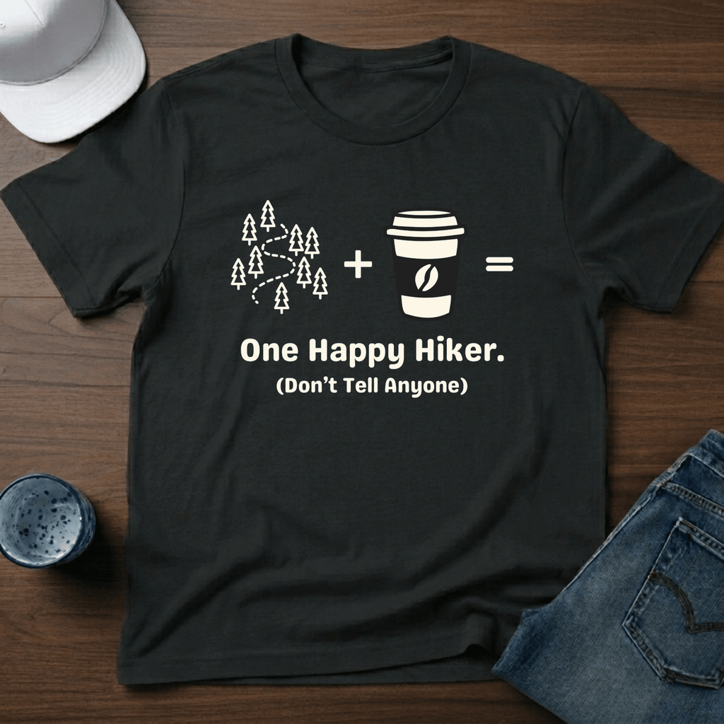 Hiking + Coffee=One Happy Hiker. - (Don't Tell Anyone) T-Shirt - Deadpan Outdoors Co.