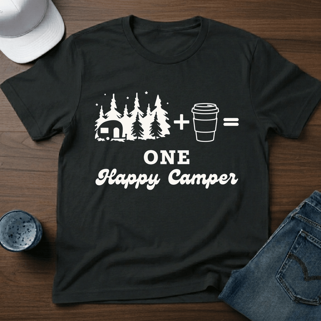Trailer In Trees + Coffee=One Happy Camper T-Shirt - Deadpan Outdoors Co.