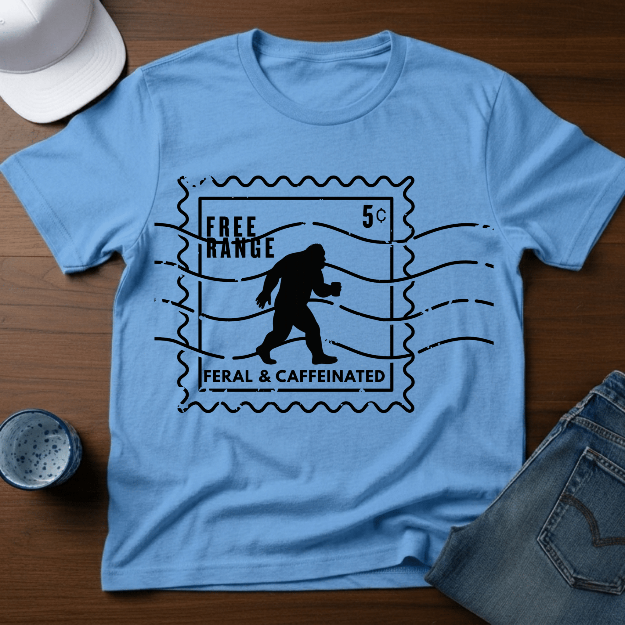 Free Range - Feral & Caffeinated - Bigfoot Stamp T-Shirt - Deadpan Outdoors Co.