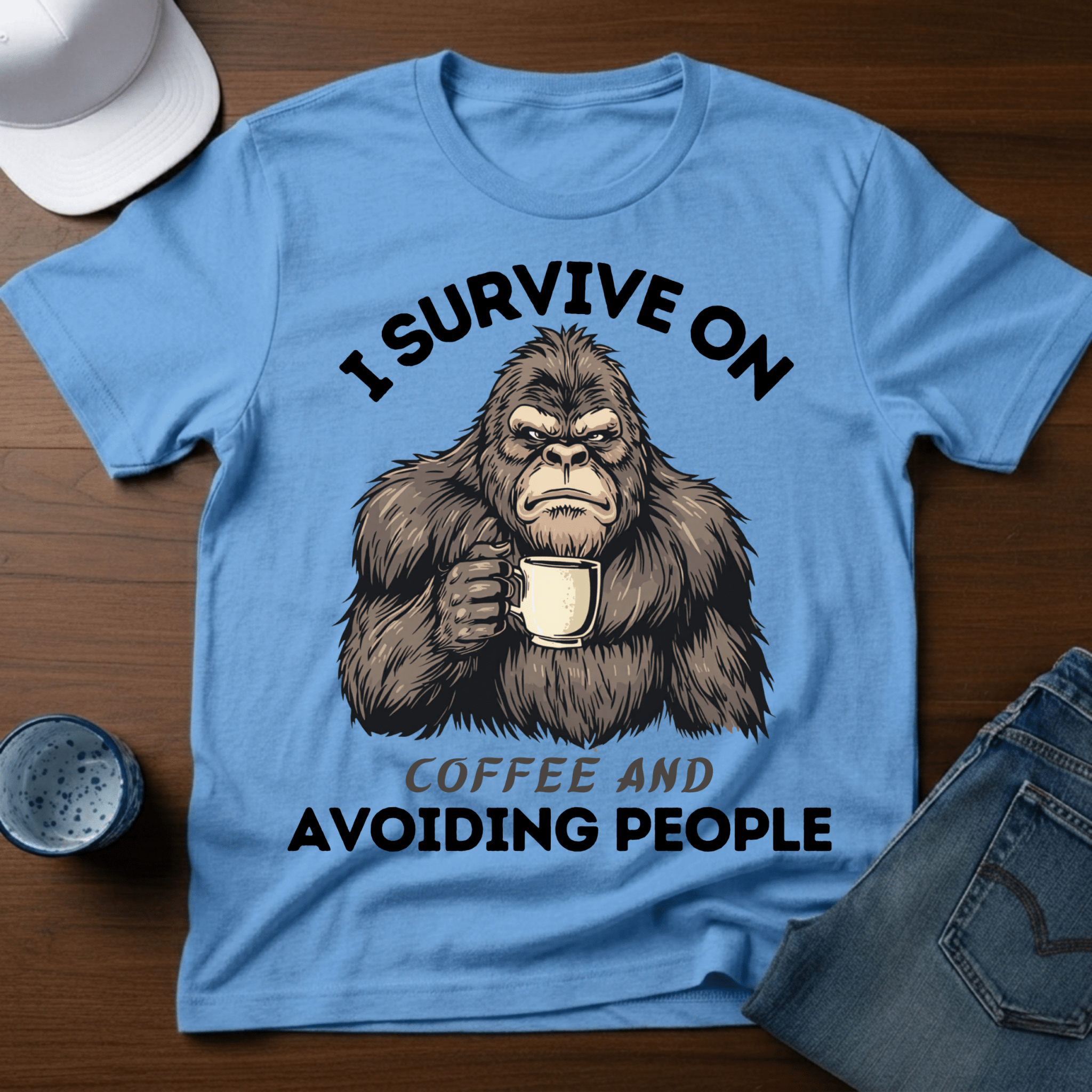 I Survive on Coffee And Avoiding People T-Shirt - Funny Bigfoot Coffee Tee - Deadpan Outdoors Co.