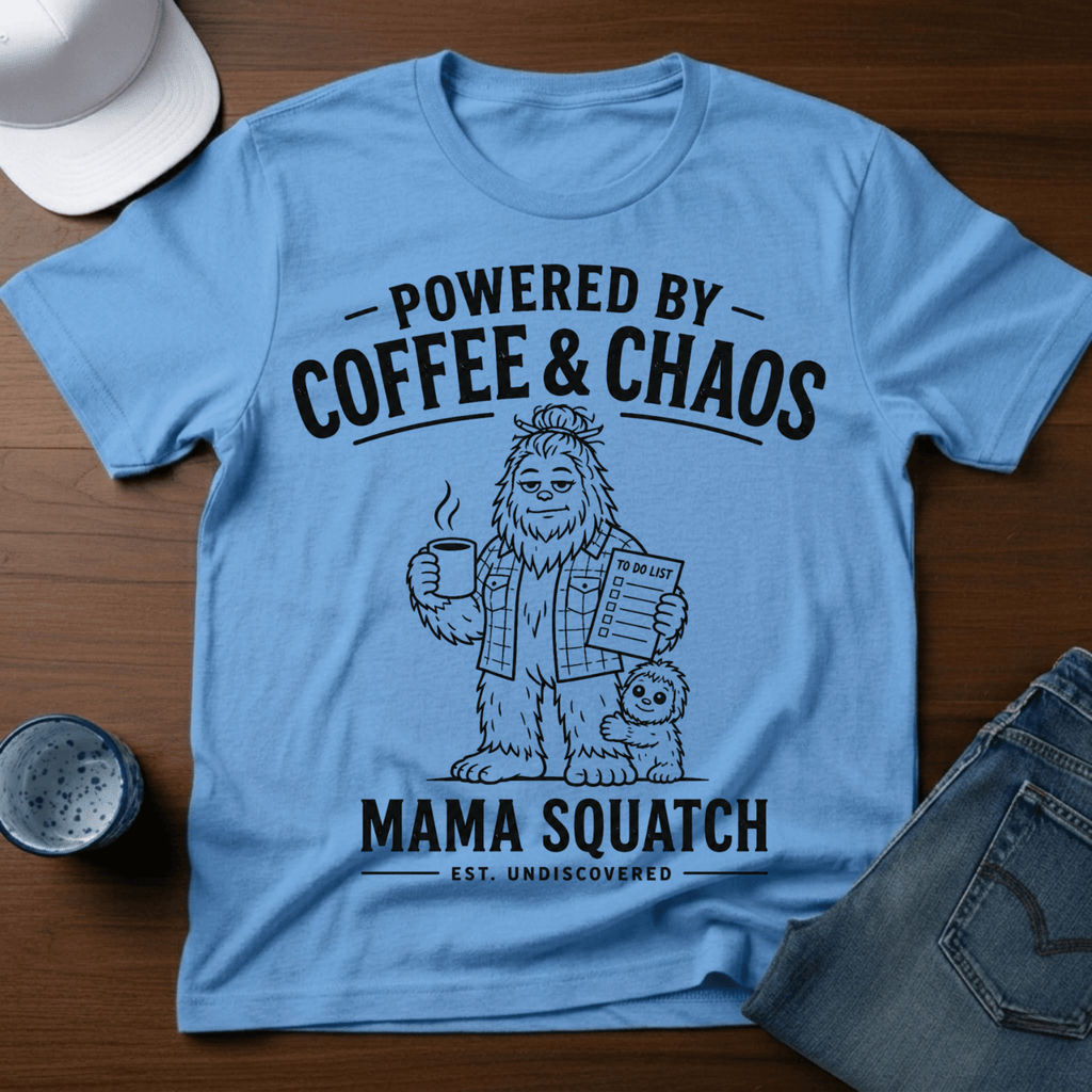 Powered By Coffee & Chaos - Mama Squatch T-Shirt - Deadpan Outdoors Co.