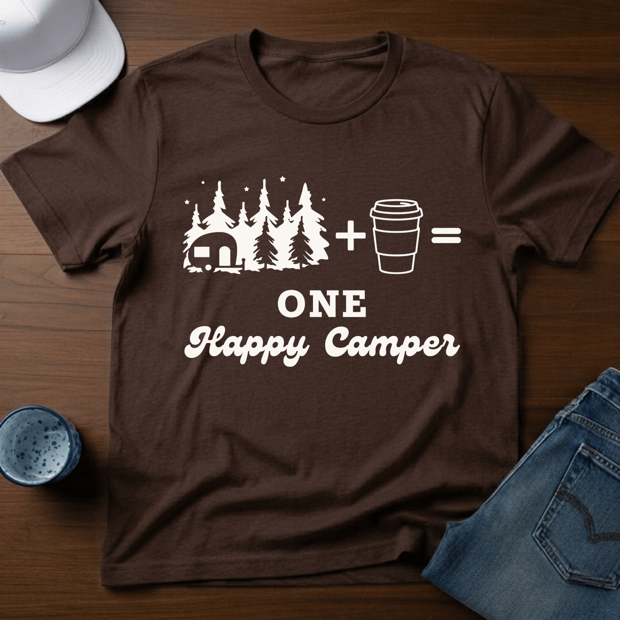 Trailer In Trees + Coffee=One Happy Camper T-Shirt - Deadpan Outdoors Co.