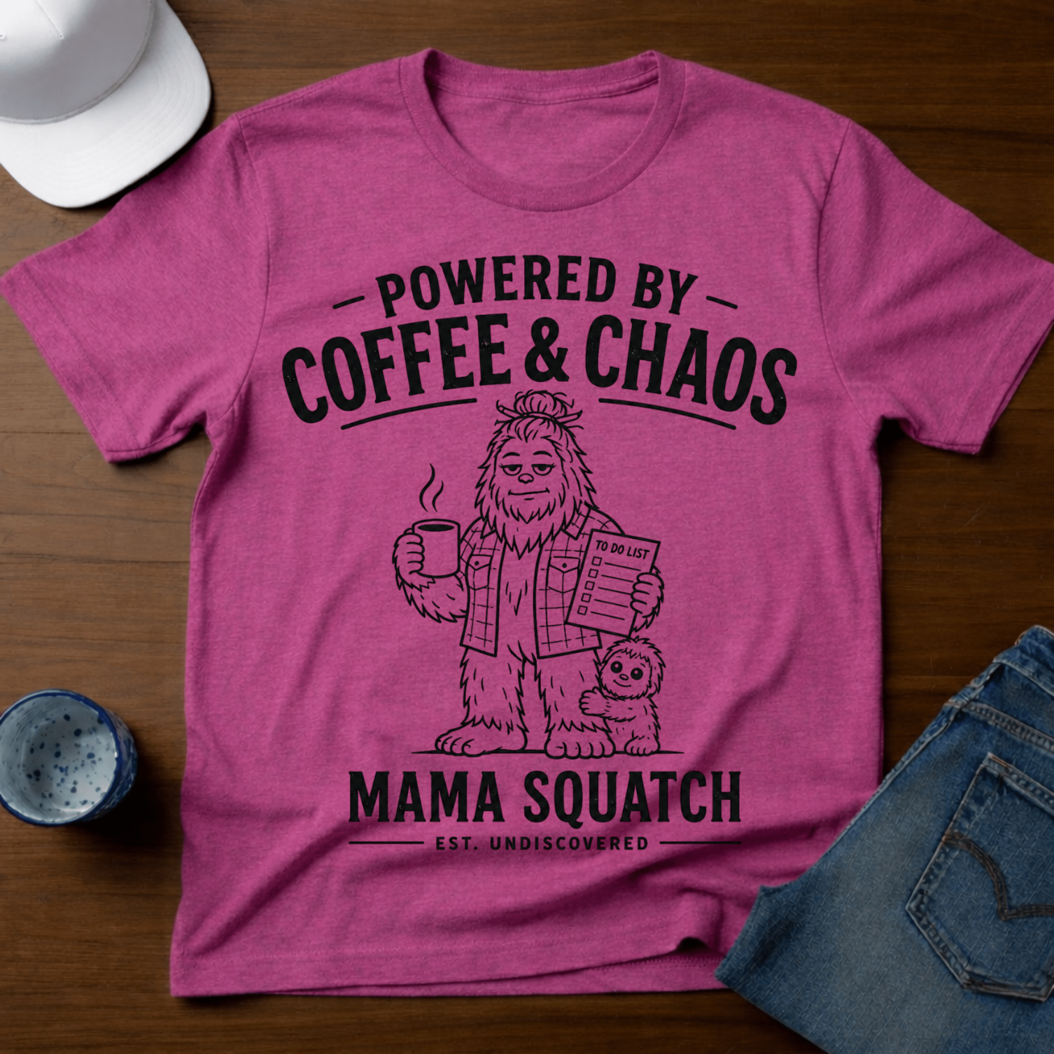 Powered By Coffee & Chaos - Mama Squatch T-Shirt - Deadpan Outdoors Co.