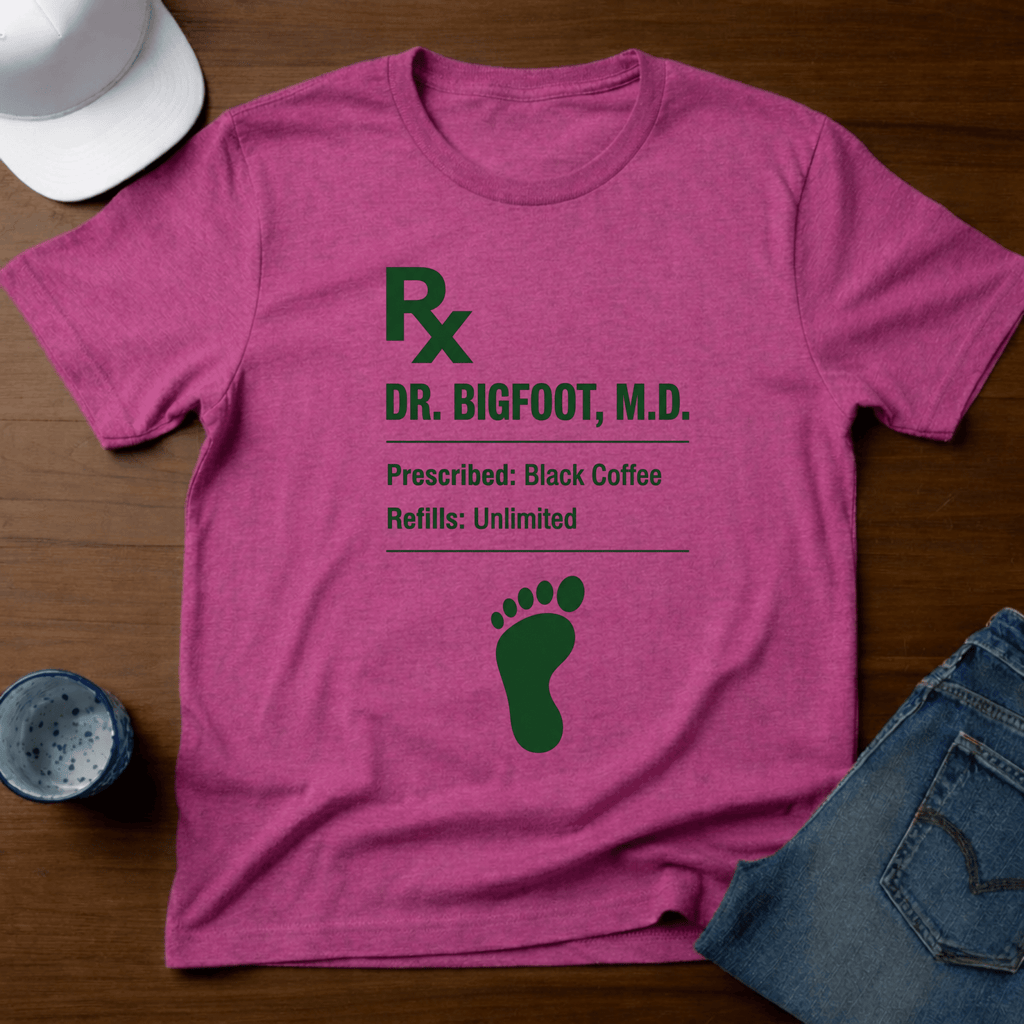 Dr. Bigfoot Prescription: Black Coffee Refills: Unlimited T-Shirt - Deadpan Outdoors Co.
