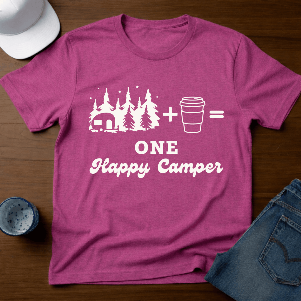 Trailer In Trees + Coffee=One Happy Camper T-Shirt - Deadpan Outdoors Co.