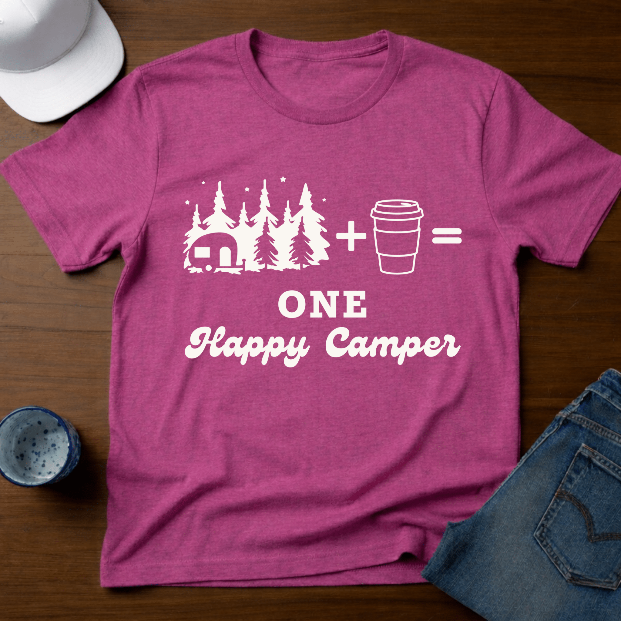 Trailer In Trees + Coffee=One Happy Camper T-Shirt - Deadpan Outdoors Co.