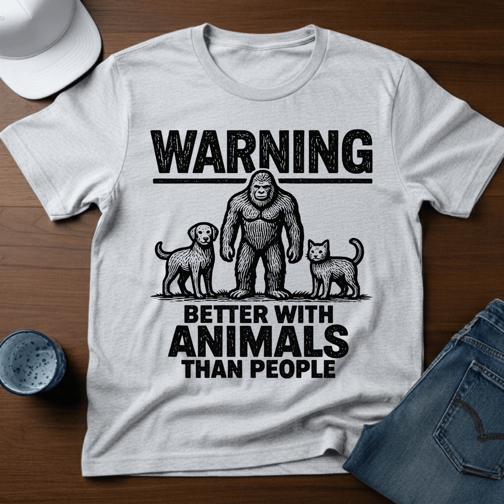 Warning - Better With Animals Than People T-Shirt - Outdoor Bigfoot Tee - Deadpan Outdoors Co.
