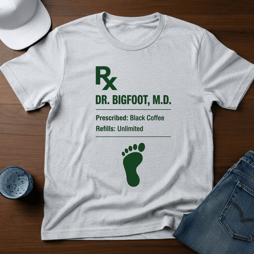Dr. Bigfoot Prescription: Black Coffee Refills: Unlimited T-Shirt - Deadpan Outdoors Co.