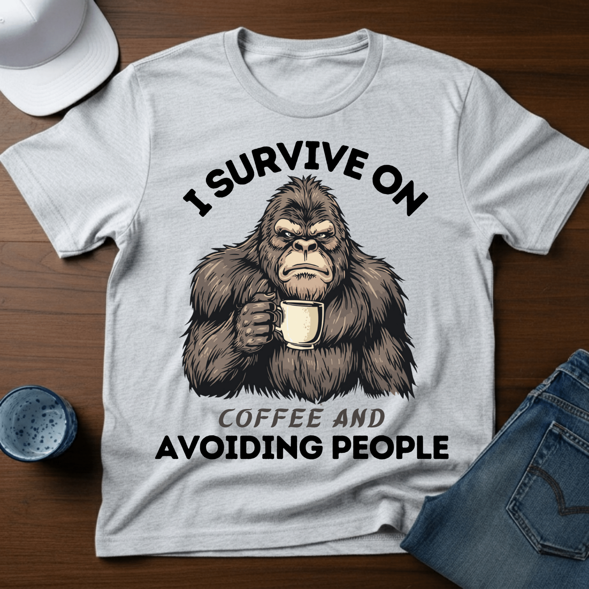 I Survive on Coffee And Avoiding People T-Shirt - Funny Bigfoot Coffee Tee - Deadpan Outdoors Co.