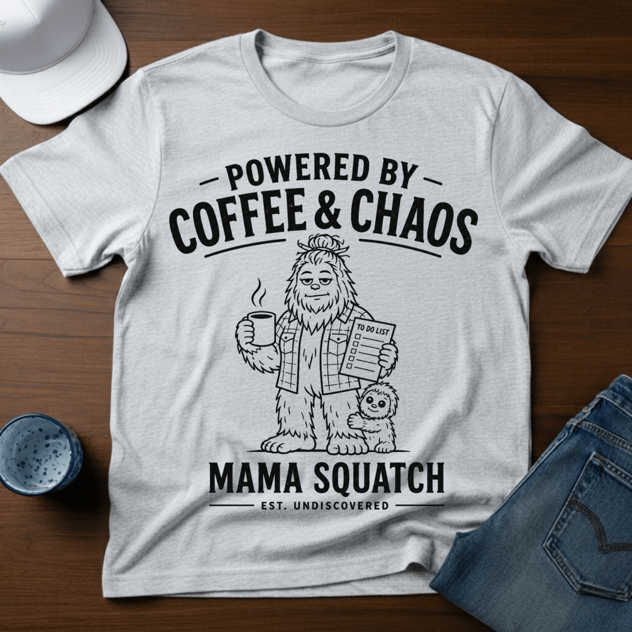Powered By Coffee & Chaos - Mama Squatch T-Shirt - Deadpan Outdoors Co.