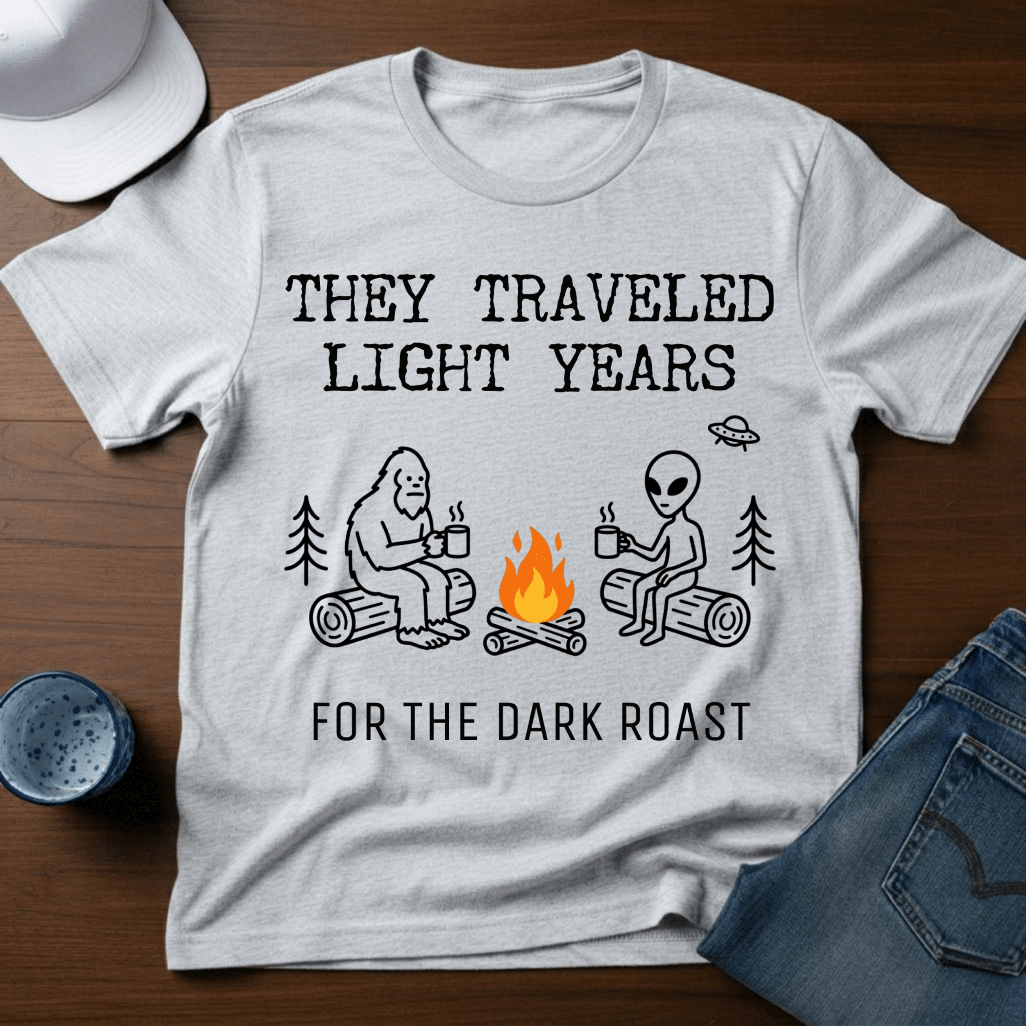 They Traveled Light Years - For The Dark Roast T-Shirt - Deadpan Outdoors Co.