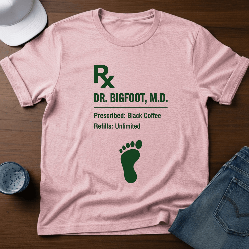 Dr. Bigfoot Prescription: Black Coffee Refills: Unlimited T-Shirt - Deadpan Outdoors Co.