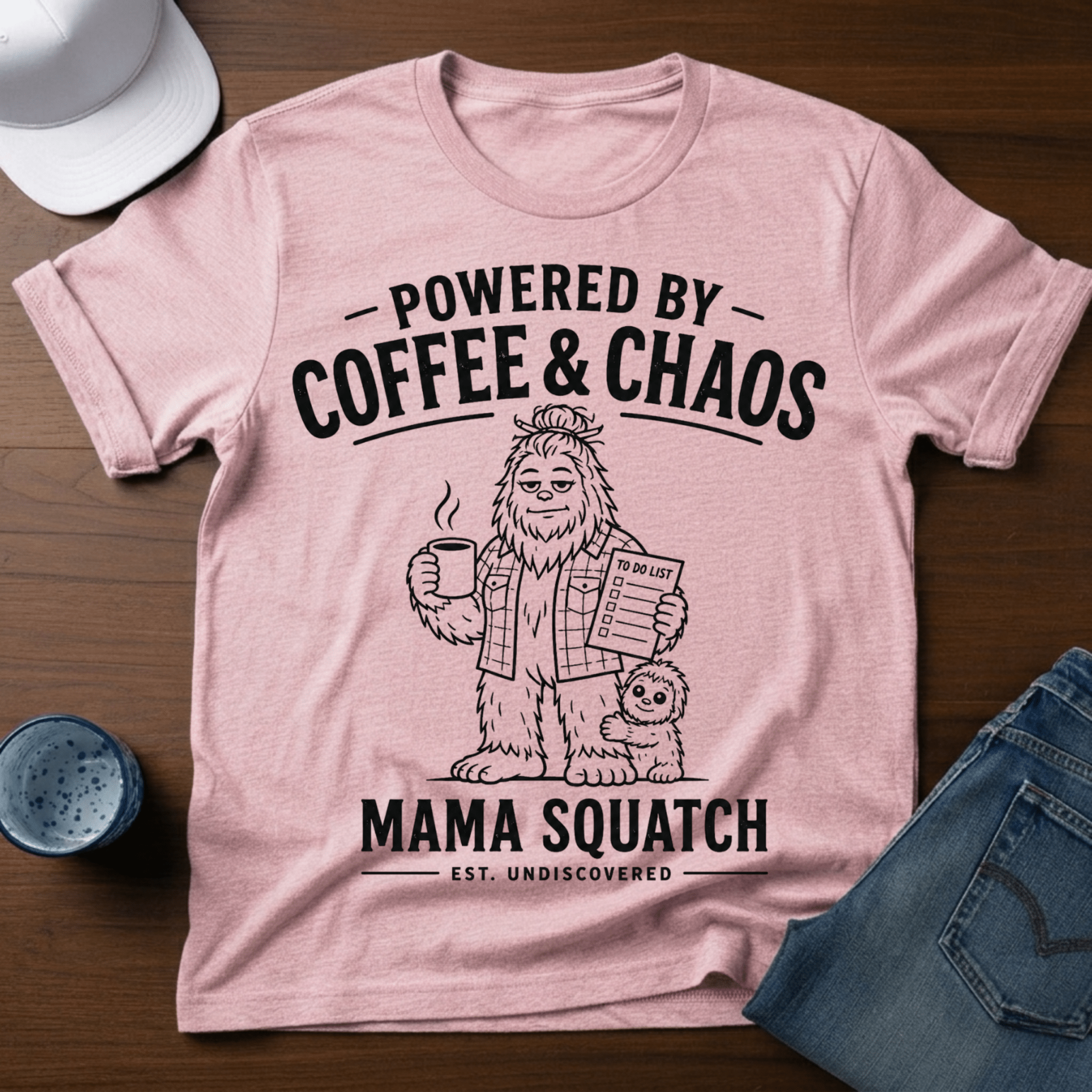 Powered By Coffee & Chaos - Mama Squatch T-Shirt - Deadpan Outdoors Co.