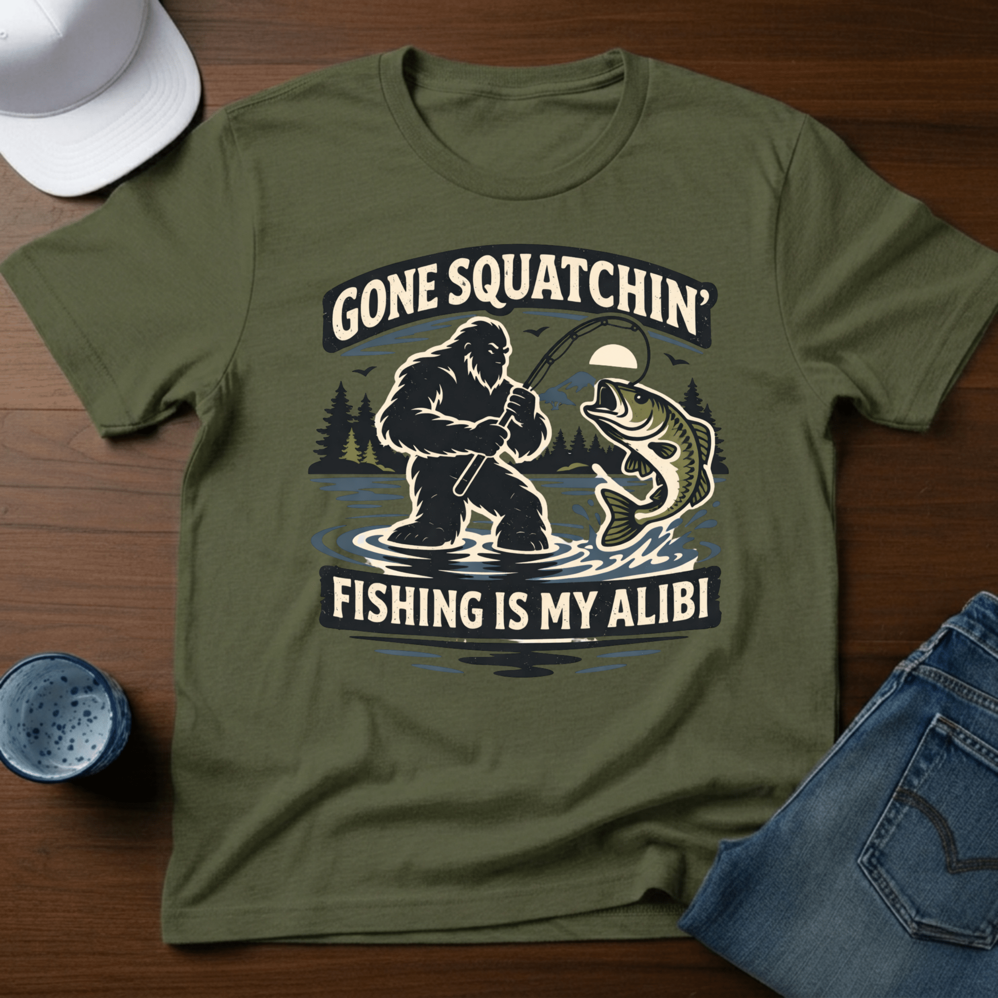 Gone Squatchin' Fishing is My Alibi T-Shirt - Deadpan Outdoors Co.