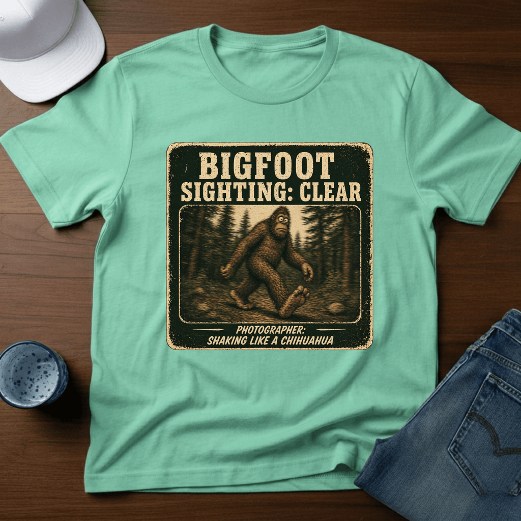 Bigfoot Sighting: Clear - Photographer: Shaking Like A Chihuahua T-Shirt - Deadpan Outdoors Co.