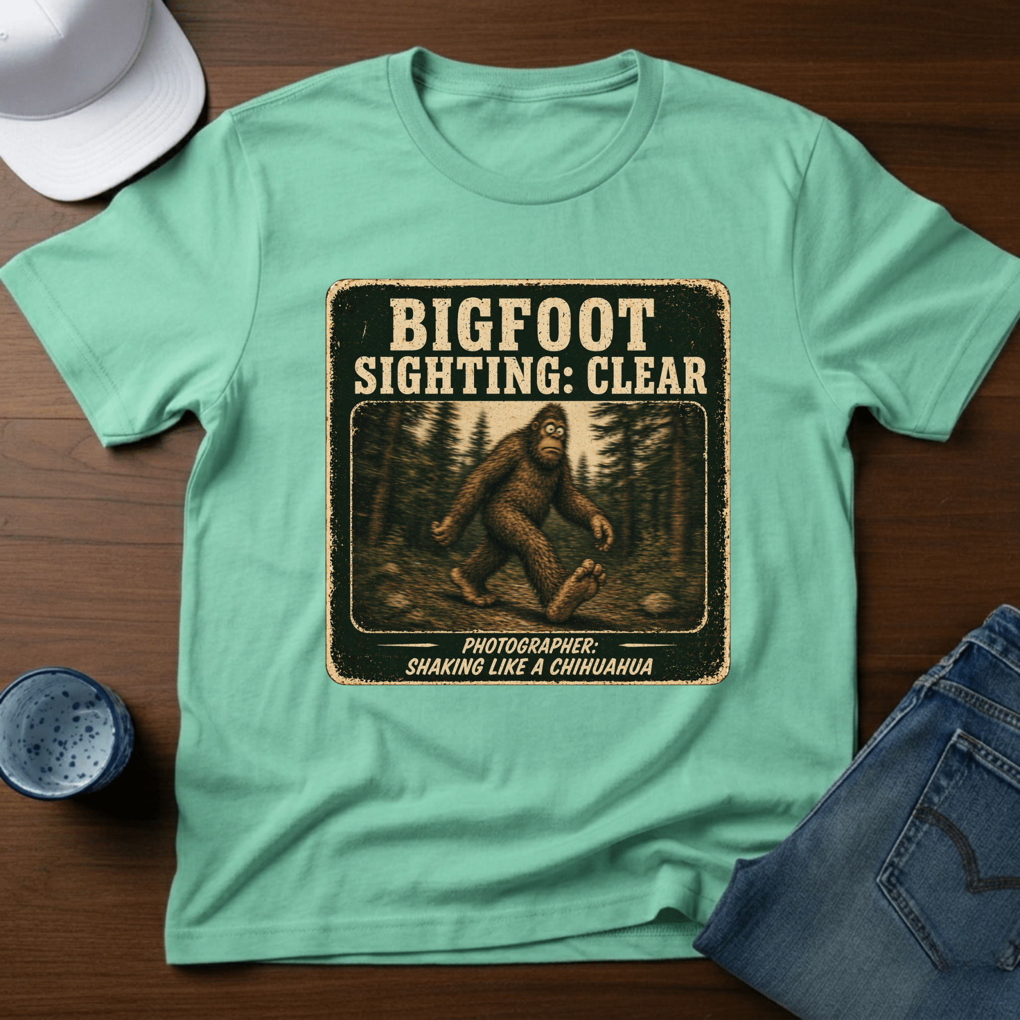 Bigfoot Sighting: Clear - Photographer: Shaking Like A Chihuahua T-Shirt - Deadpan Outdoors Co.