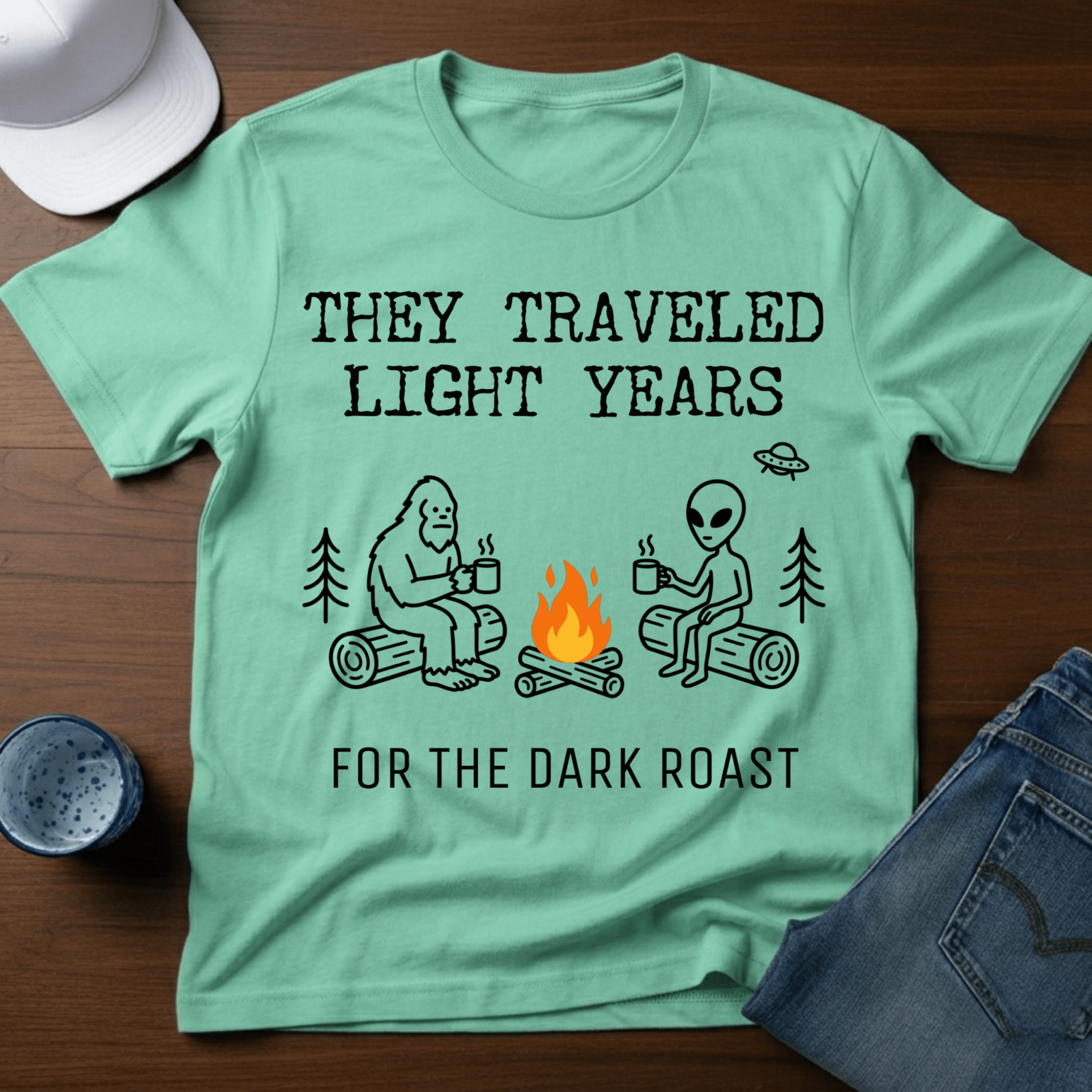 They Traveled Light Years - For The Dark Roast T-Shirt - Deadpan Outdoors Co.
