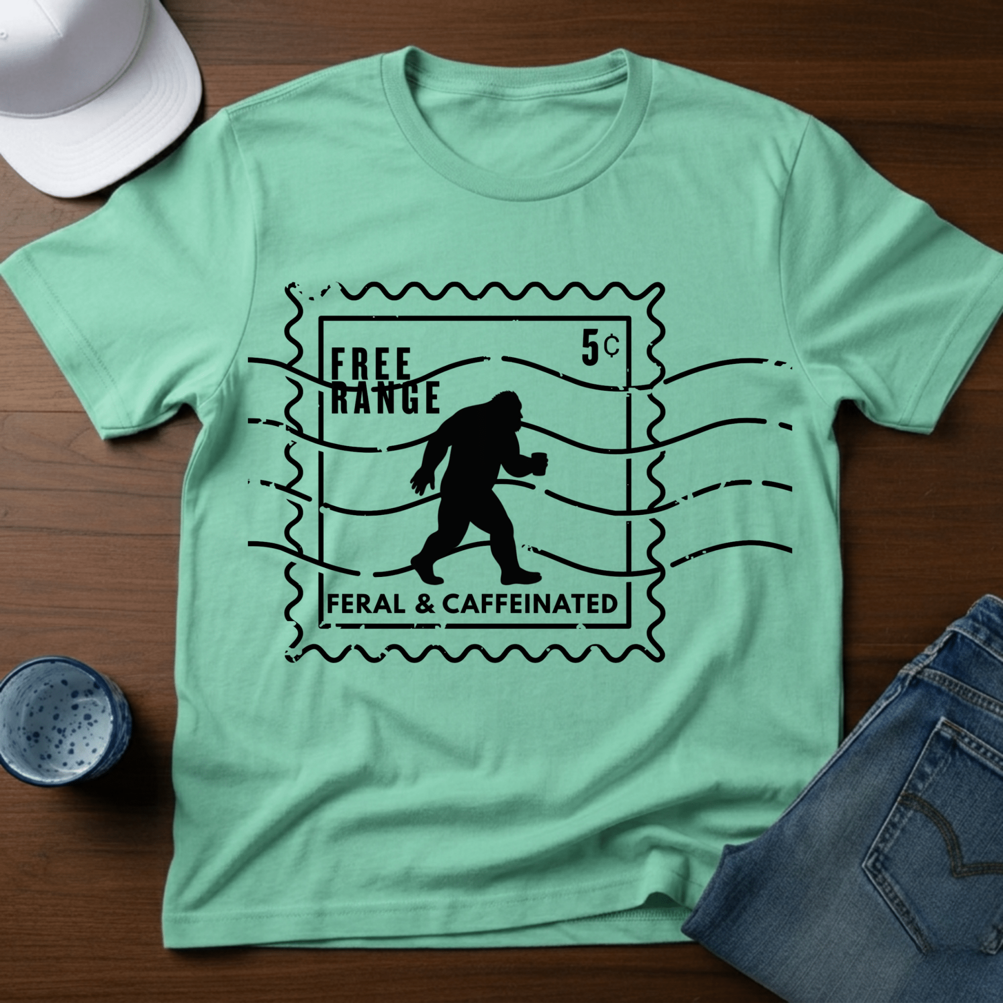 Free Range - Feral & Caffeinated - Bigfoot Stamp T-Shirt - Deadpan Outdoors Co.
