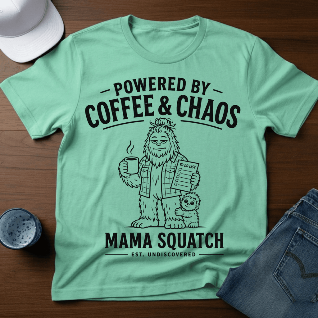 Powered By Coffee & Chaos - Mama Squatch T-Shirt - Deadpan Outdoors Co.