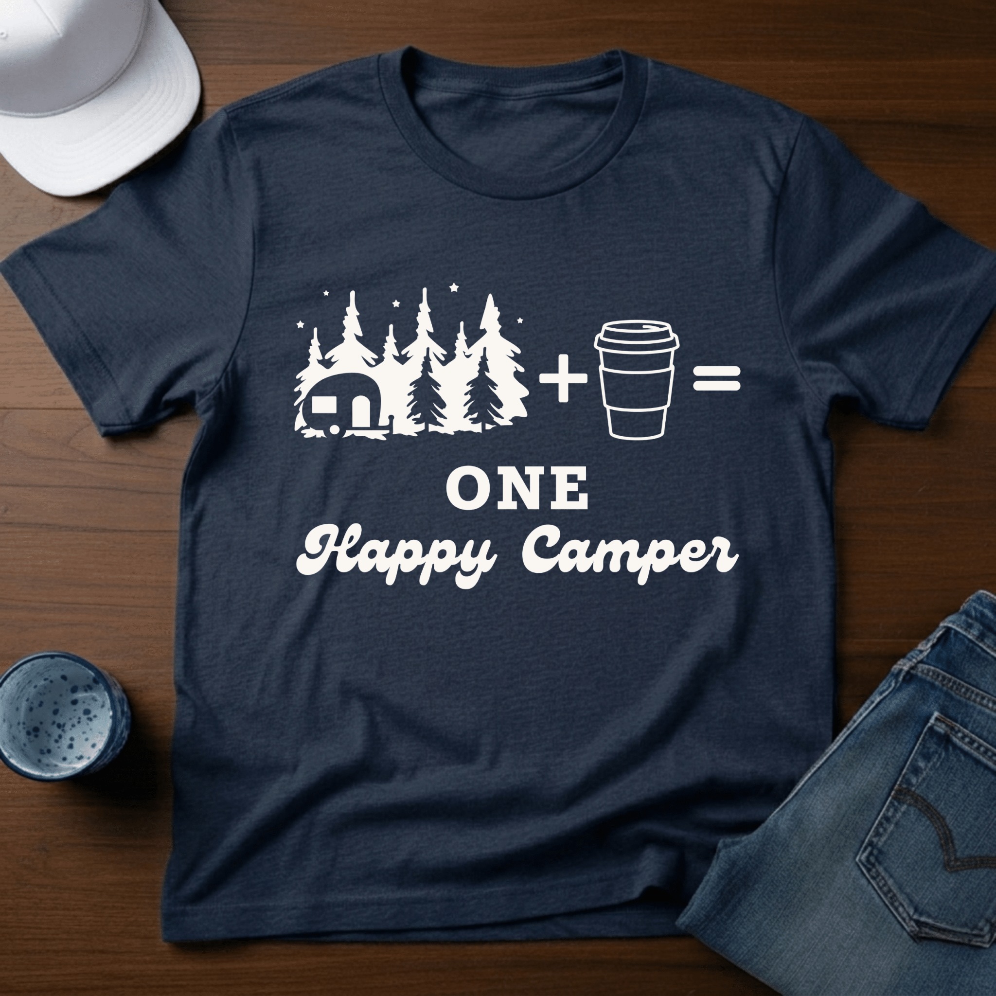Trailer In Trees + Coffee=One Happy Camper T-Shirt - Deadpan Outdoors Co.
