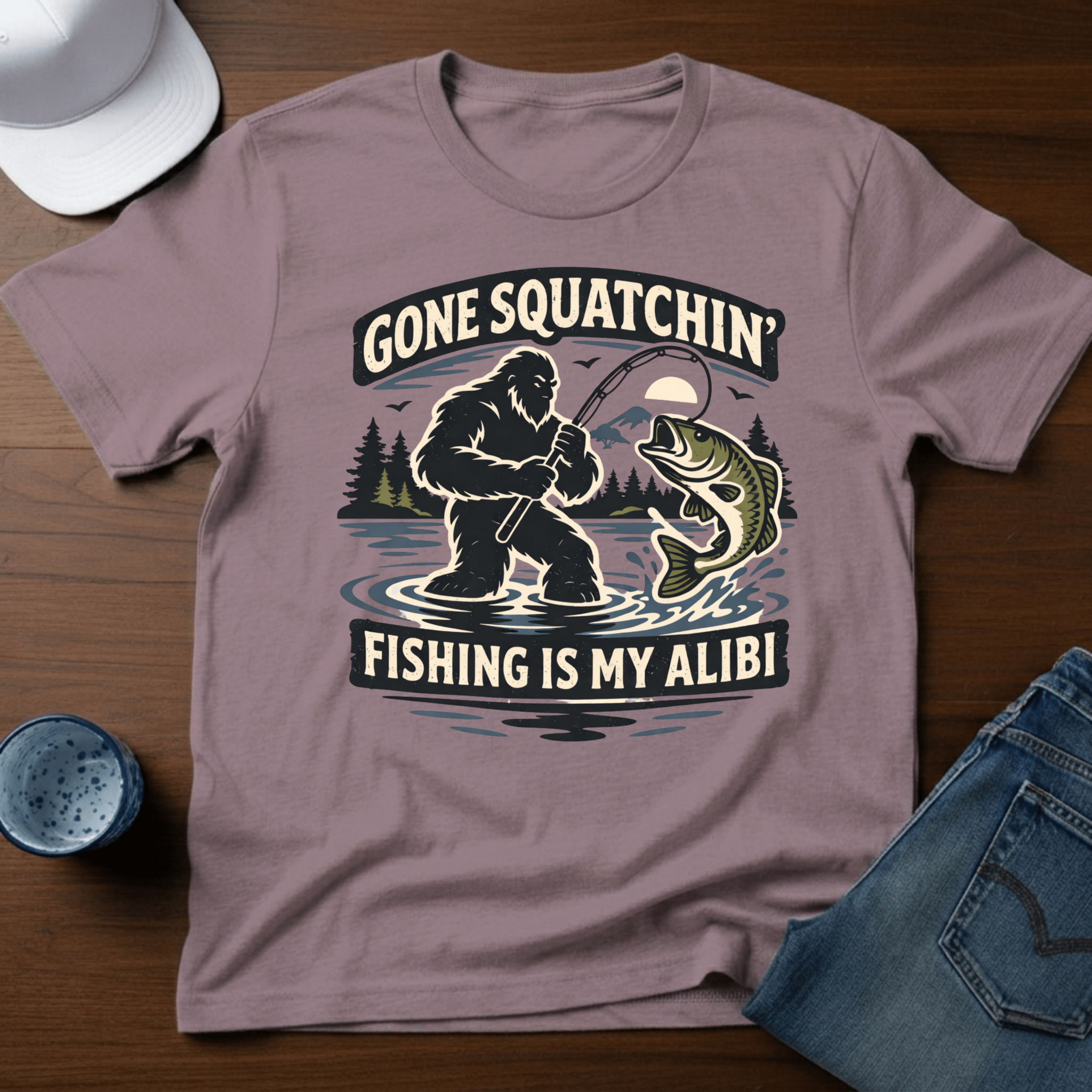 Gone Squatchin' Fishing is My Alibi T-Shirt - Deadpan Outdoors Co.