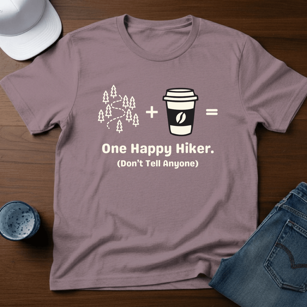Hiking + Coffee=One Happy Hiker. - (Don't Tell Anyone) T-Shirt - Deadpan Outdoors Co.