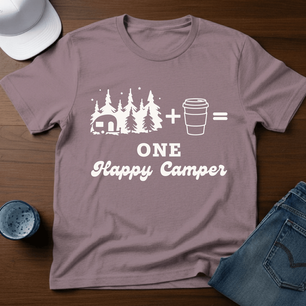 Trailer In Trees + Coffee=One Happy Camper T-Shirt - Deadpan Outdoors Co.