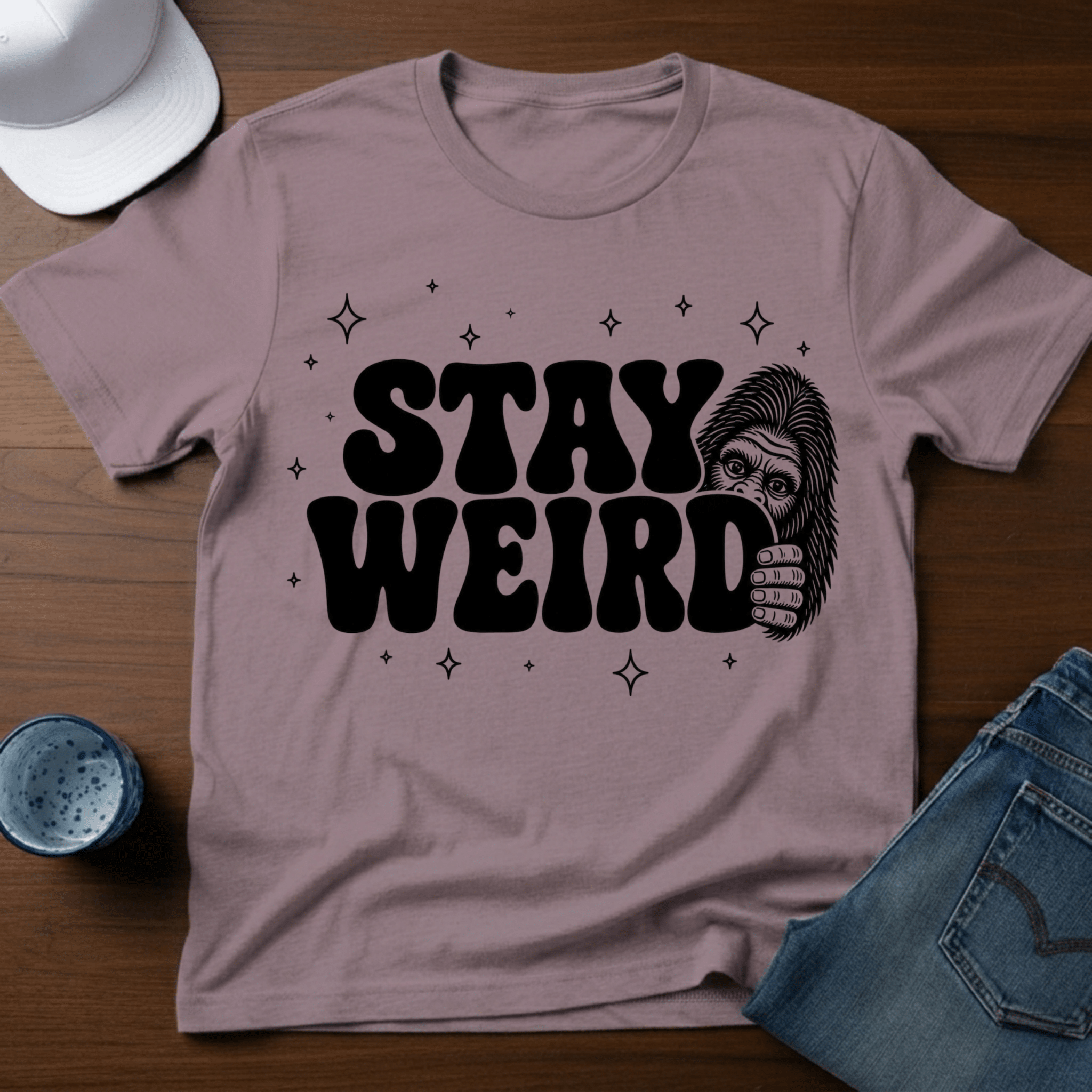 Stay Weird T-Shirt - Bigfoot Humor Tee - Deadpan Outdoors Co.