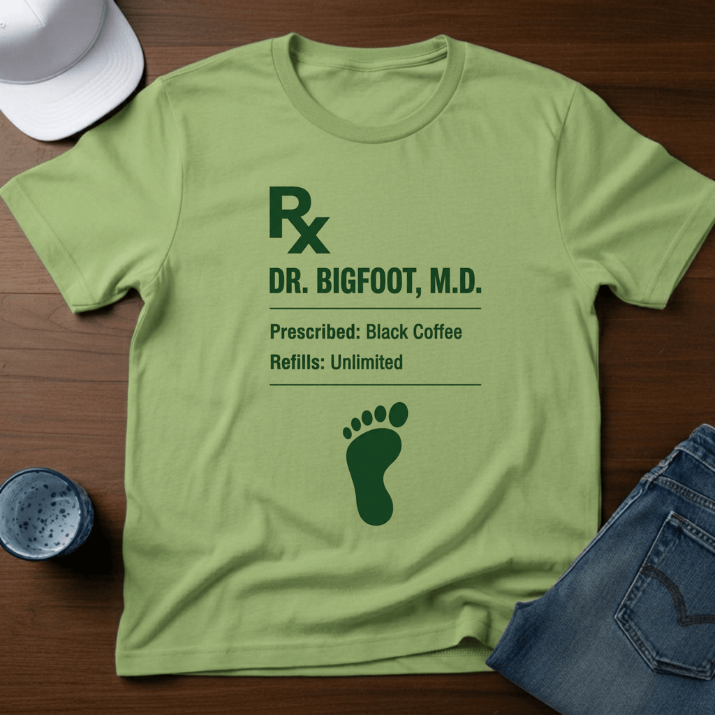 Dr. Bigfoot Prescription: Black Coffee Refills: Unlimited T-Shirt - Deadpan Outdoors Co.