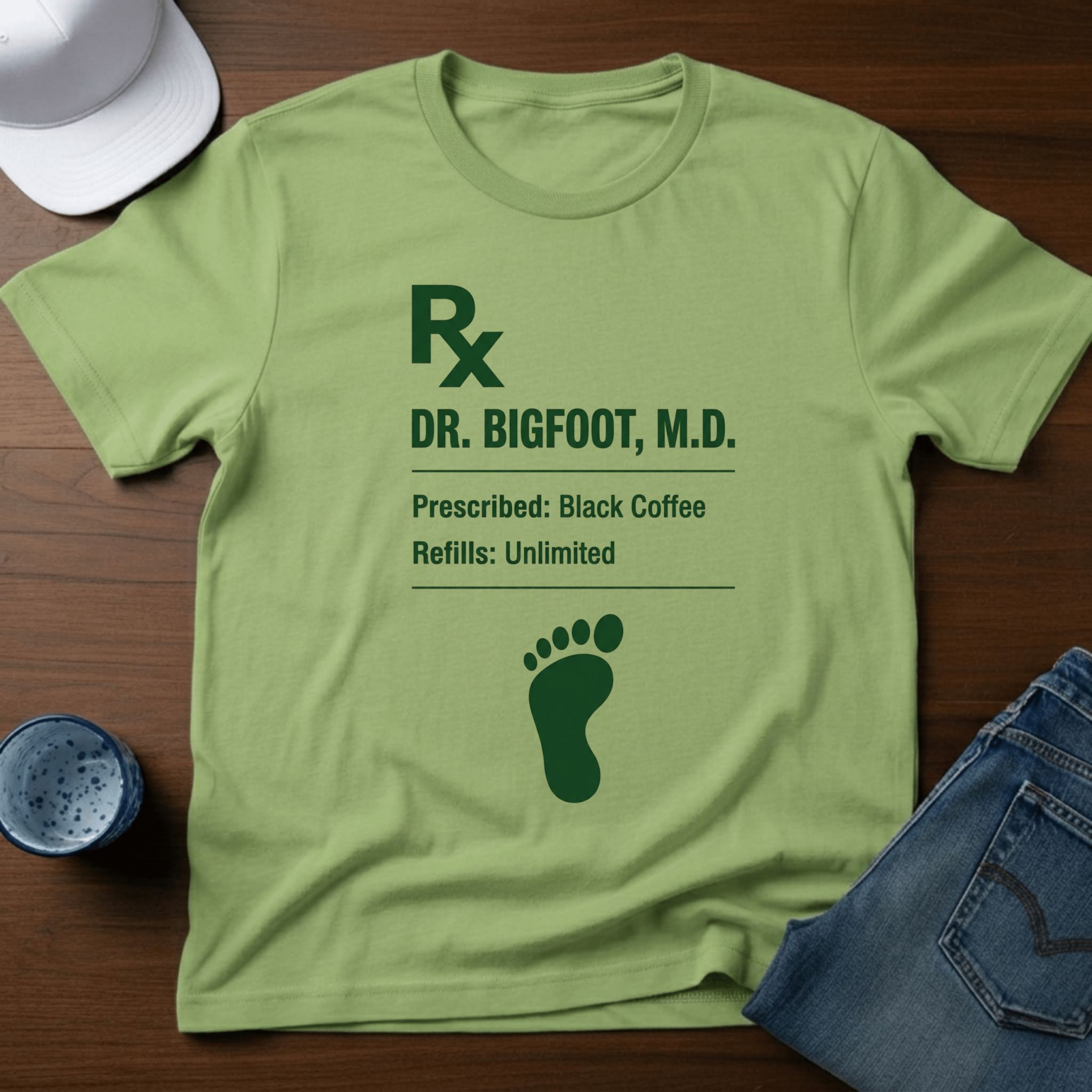 Dr. Bigfoot Prescription: Black Coffee Refills: Unlimited T-Shirt - Deadpan Outdoors Co.