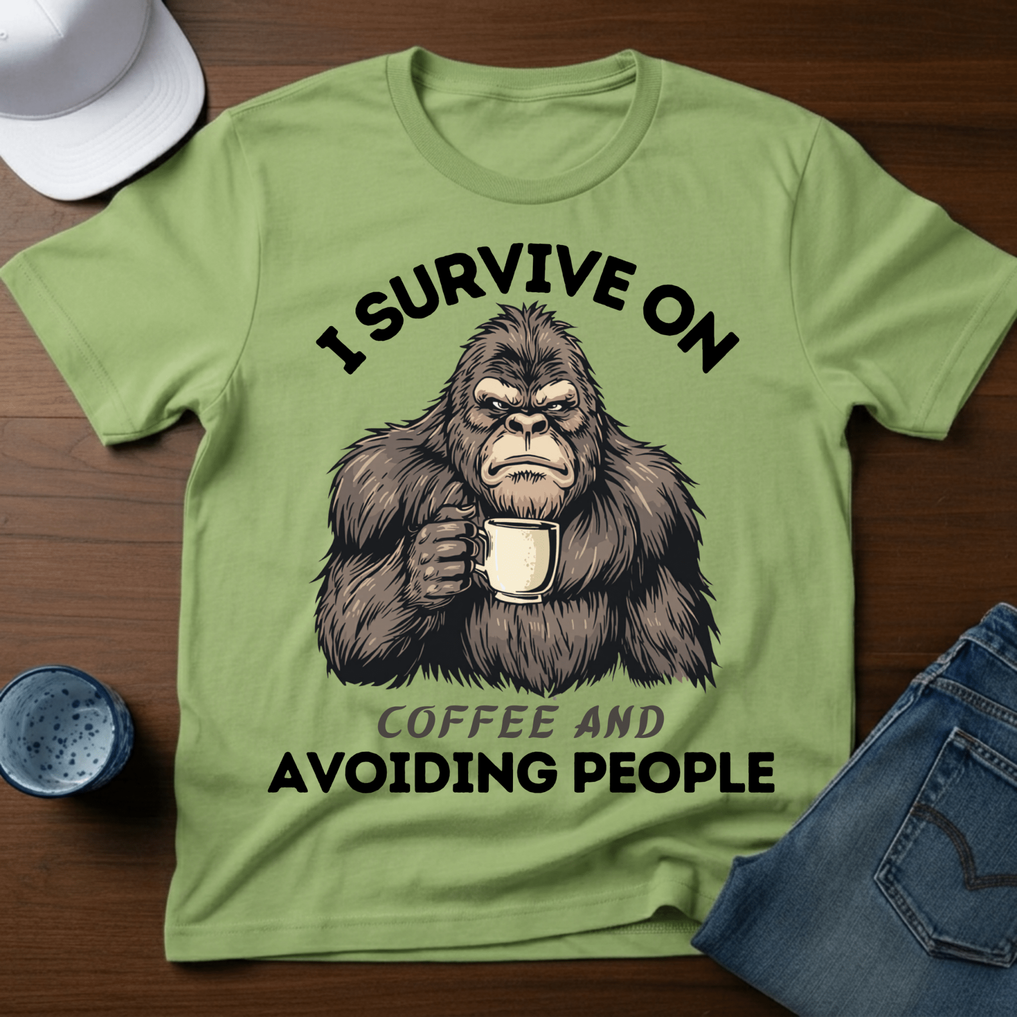 I Survive on Coffee And Avoiding People T-Shirt - Funny Bigfoot Coffee Tee - Deadpan Outdoors Co.