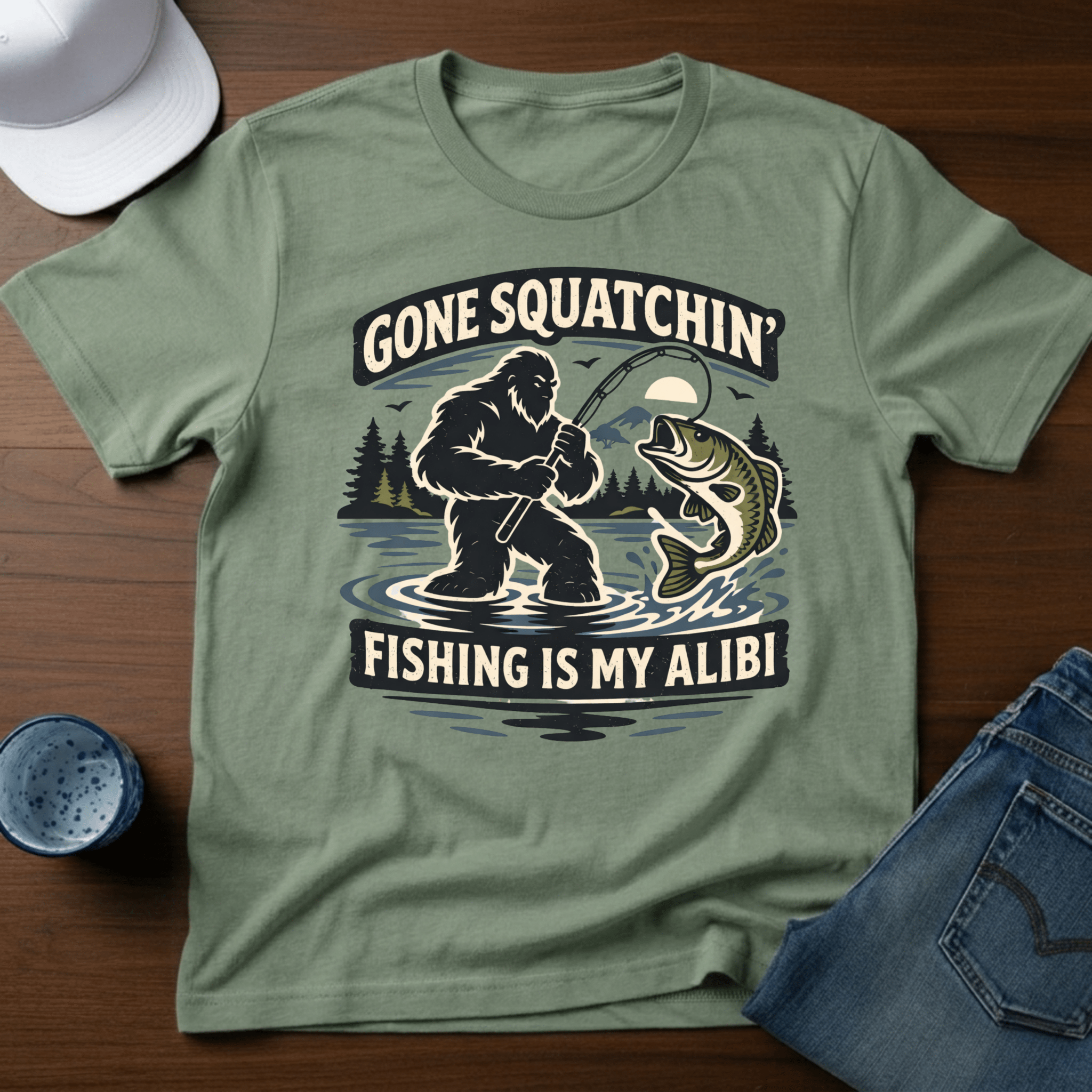 Gone Squatchin' Fishing is My Alibi T-Shirt - Deadpan Outdoors Co.
