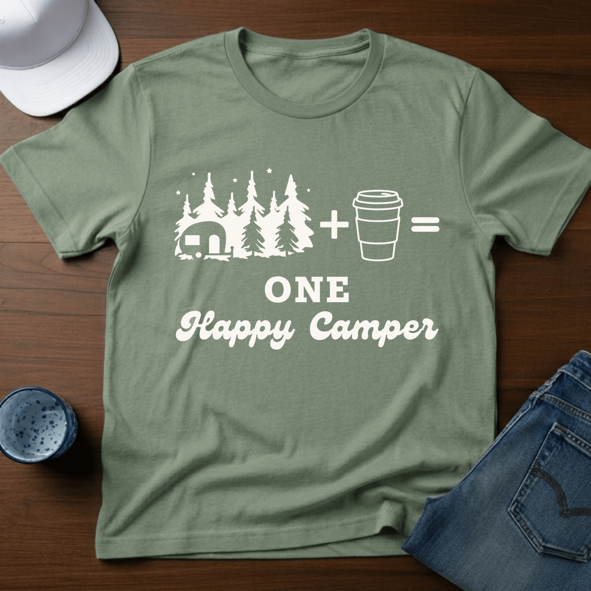 Trailer In Trees + Coffee=One Happy Camper T-Shirt - Deadpan Outdoors Co.