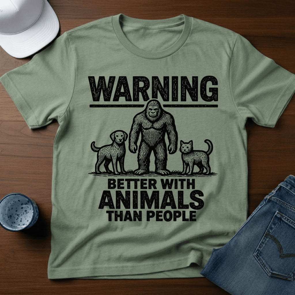 Warning - Better With Animals Than People T-Shirt - Outdoor Bigfoot Tee - Deadpan Outdoors Co.