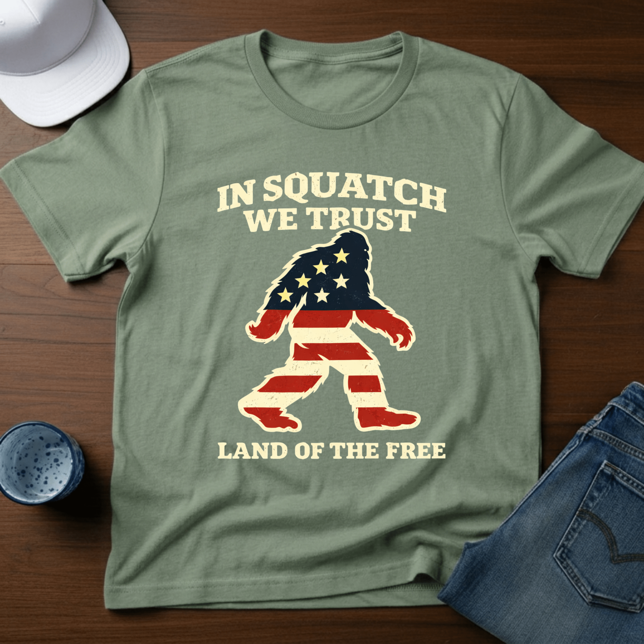 In Squatch We Trust Land of The Free T-Shirt - Deadpan Outdoors Co.
