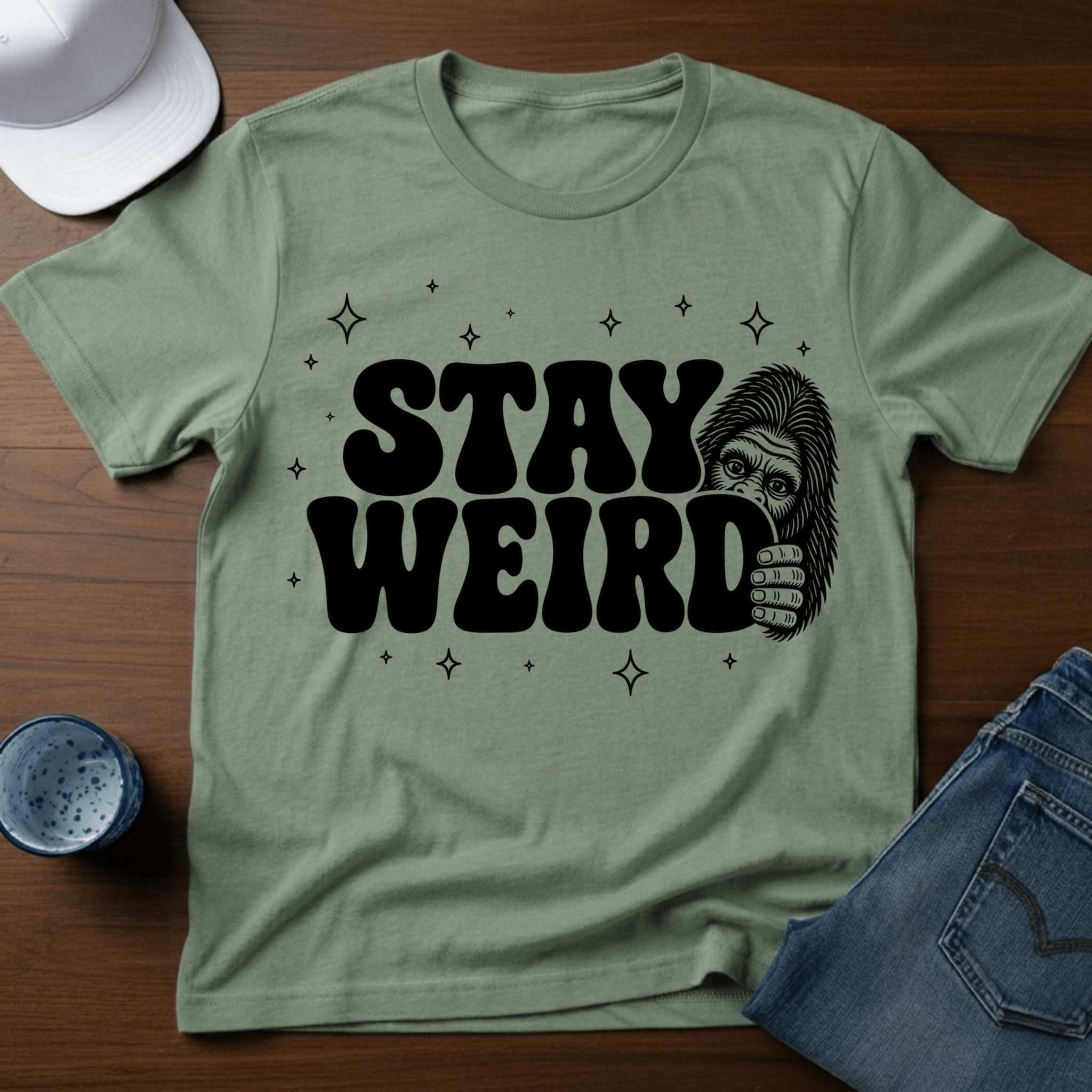 Stay Weird T-Shirt - Bigfoot Humor Tee - Deadpan Outdoors Co.