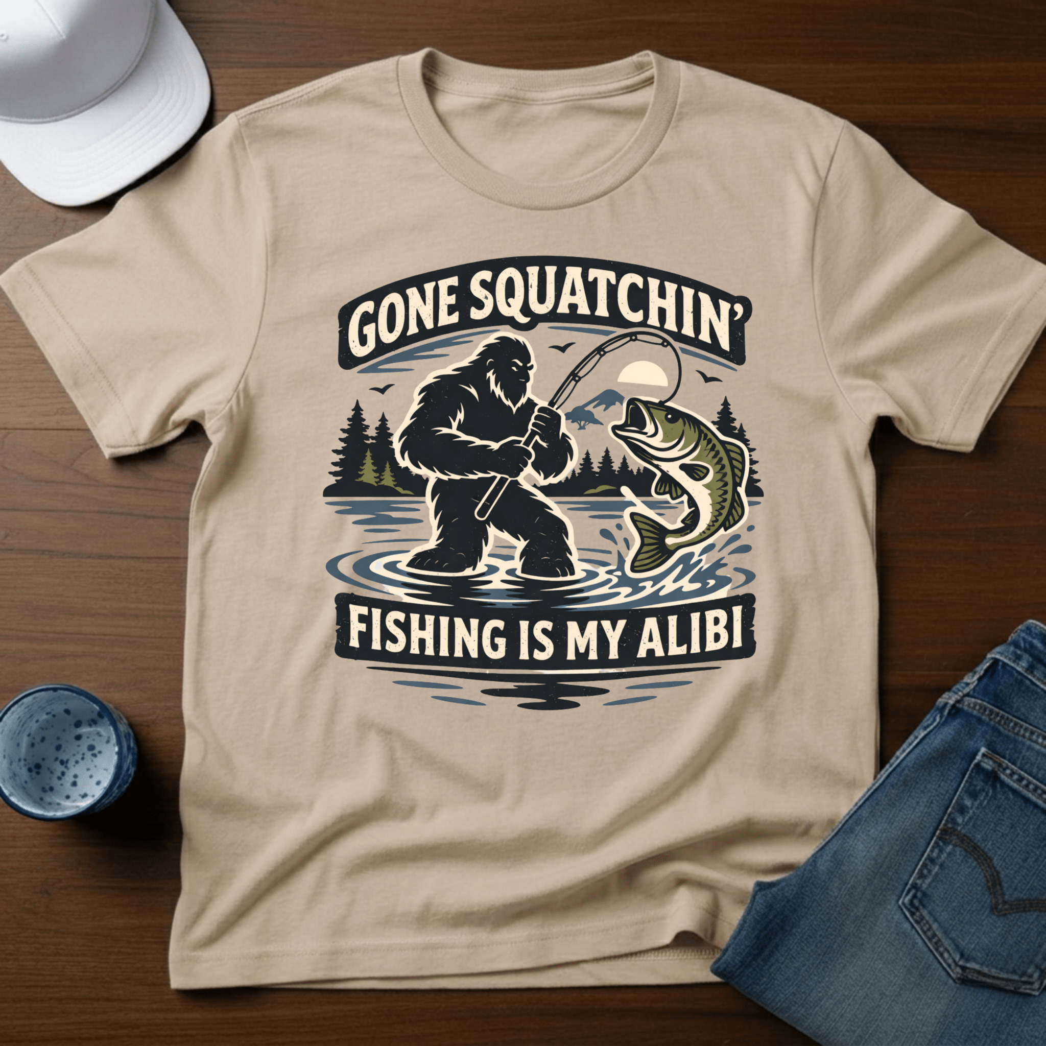 Gone Squatchin' Fishing is My Alibi T-Shirt - Deadpan Outdoors Co.