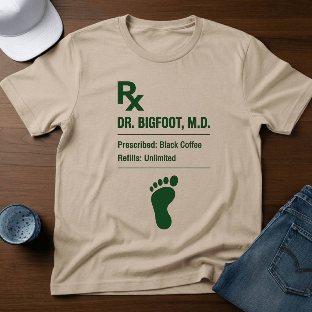 Dr. Bigfoot Prescription: Black Coffee Refills: Unlimited T-Shirt - Deadpan Outdoors Co.