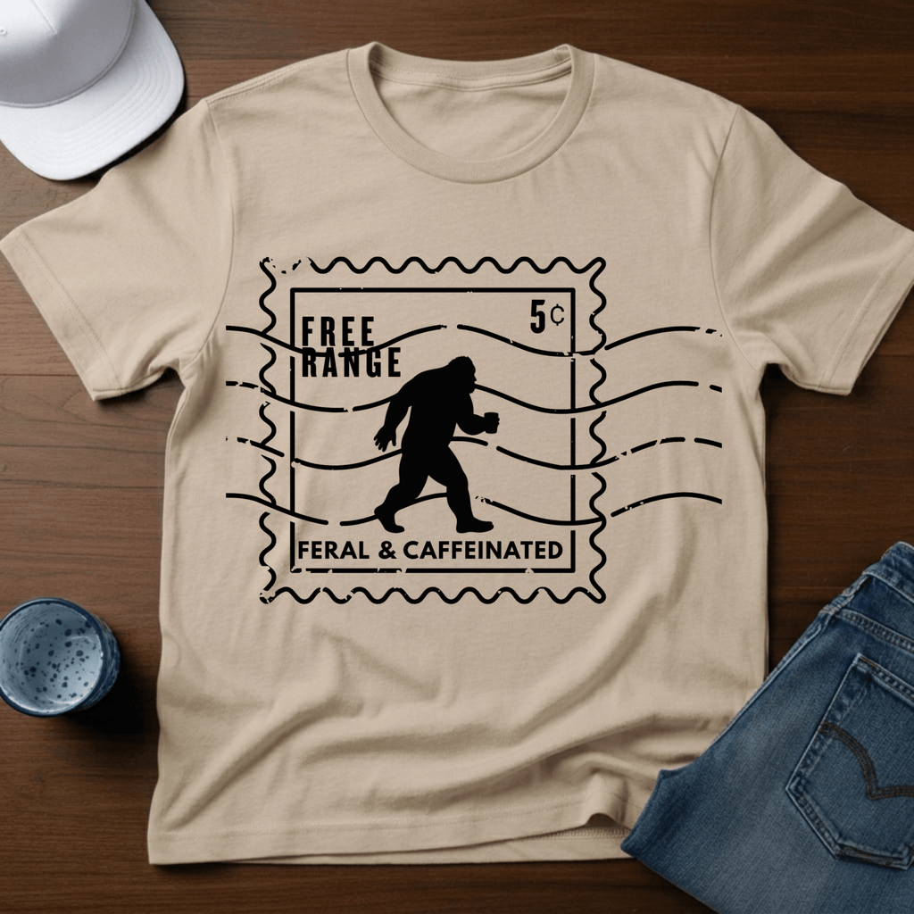 Free Range - Feral & Caffeinated - Bigfoot Stamp T-Shirt - Deadpan Outdoors Co.